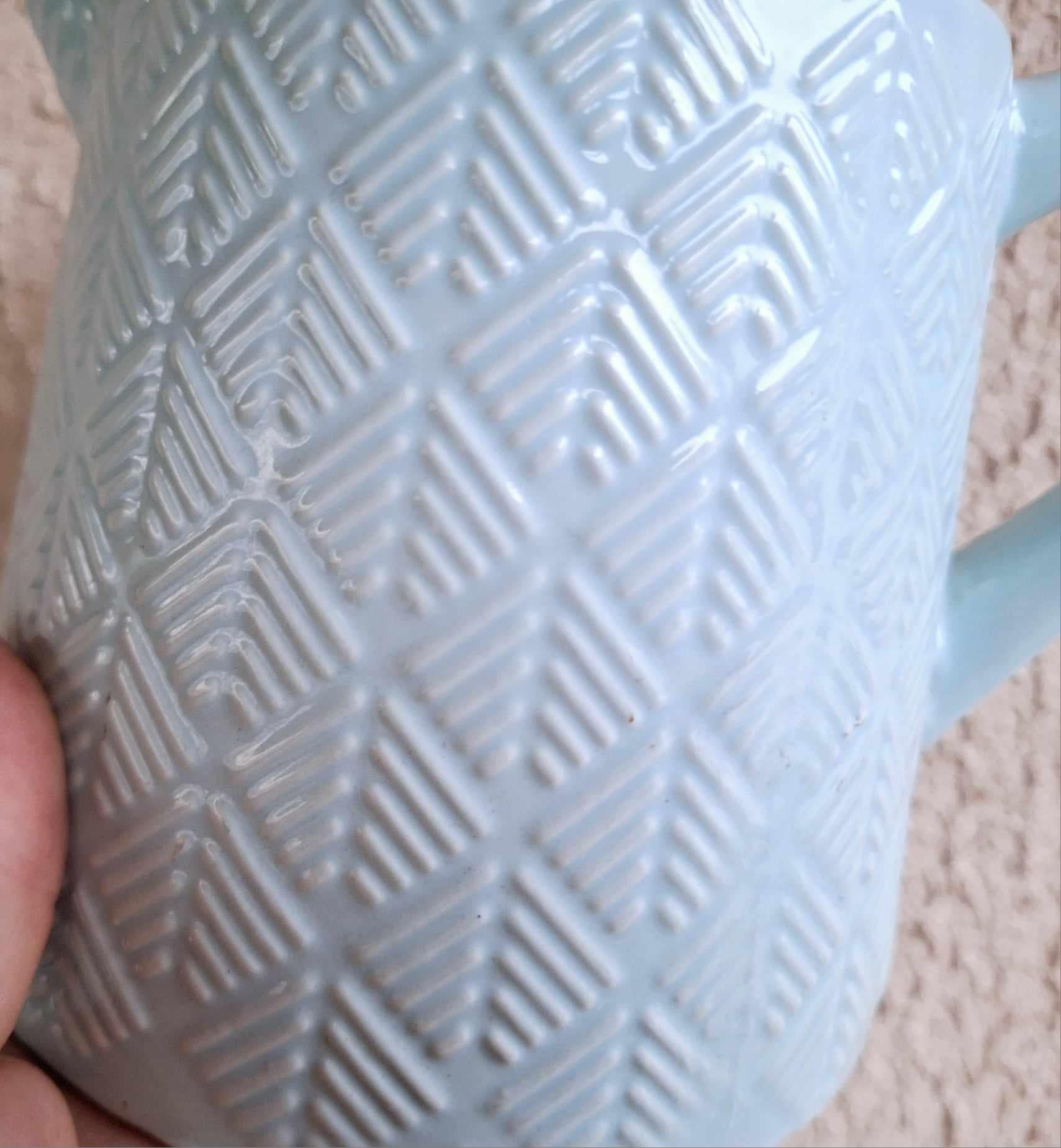 Vintage Blue Ceramic Pitcher with Geometric Leaf Pattern  Farmhouse Jug, Decorative Kitchen Vase, Rustic Indoor Planter, Shabby Chic Décor