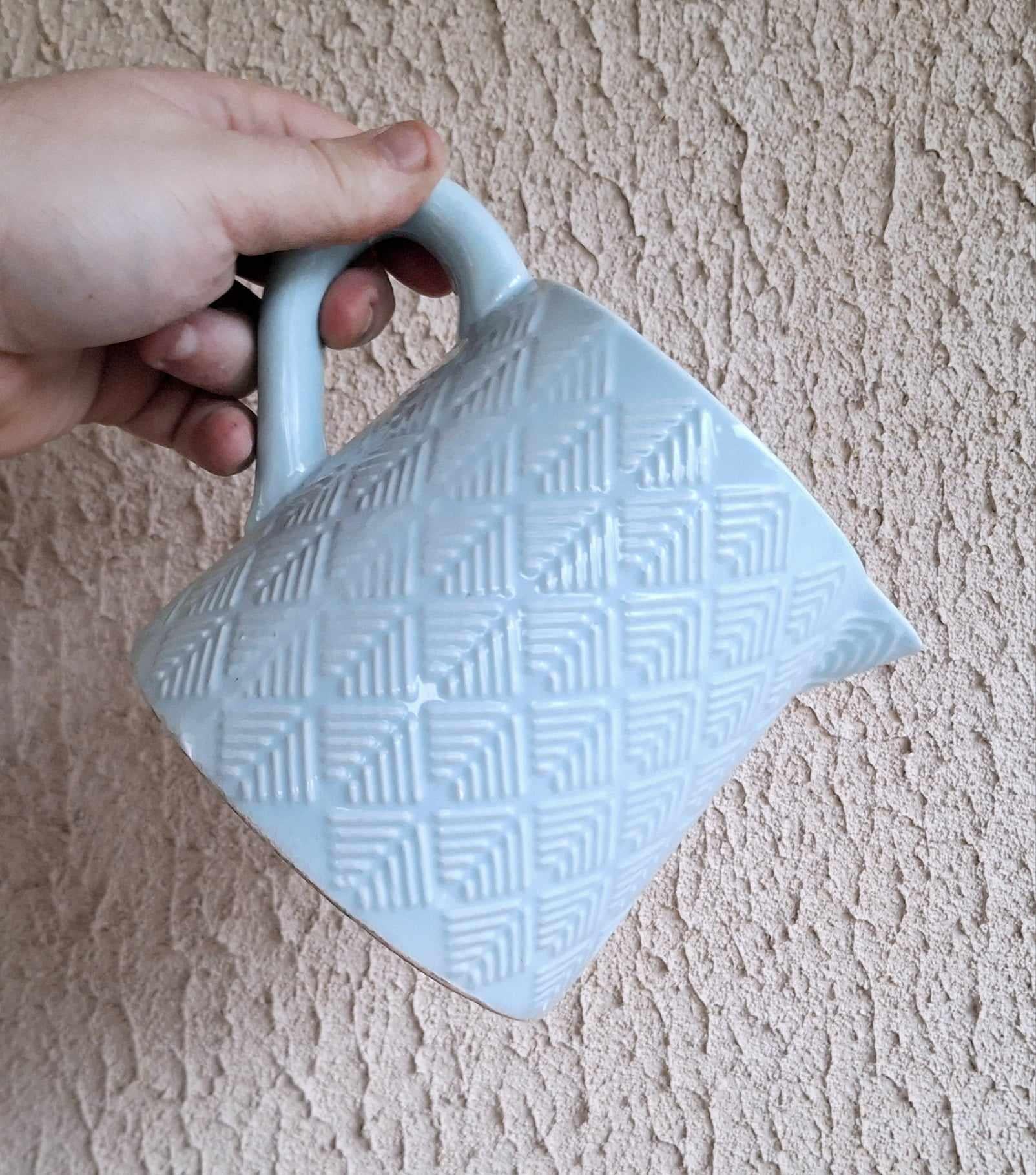 Vintage Blue Ceramic Pitcher with Geometric Leaf Pattern  Farmhouse Jug, Decorative Kitchen Vase, Rustic Indoor Planter, Shabby Chic Décor