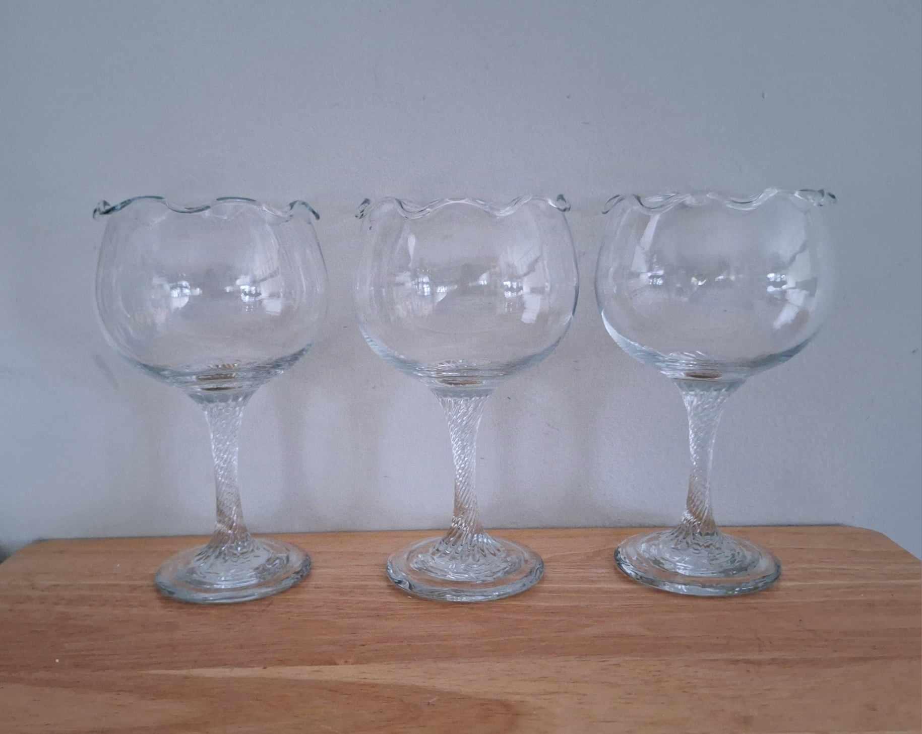Vintage Clear Glass Goblets with Scalloped Edge, Twisted Stem Wine Glasses, Set of 3 Elegant Cocktail Glasses, Decorative Barware, 7" Tall