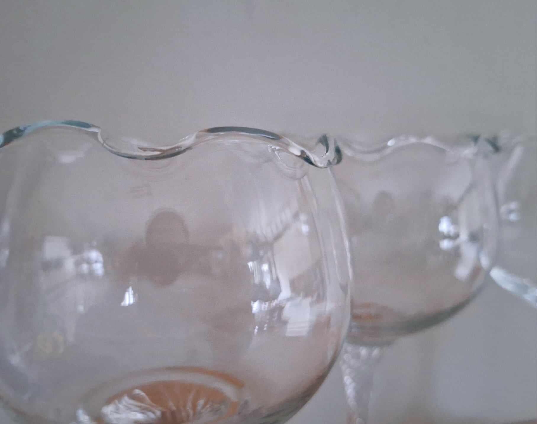 Vintage Clear Glass Goblets with Scalloped Edge, Twisted Stem Wine Glasses, Set of 3 Elegant Cocktail Glasses, Decorative Barware, 7" Tall
