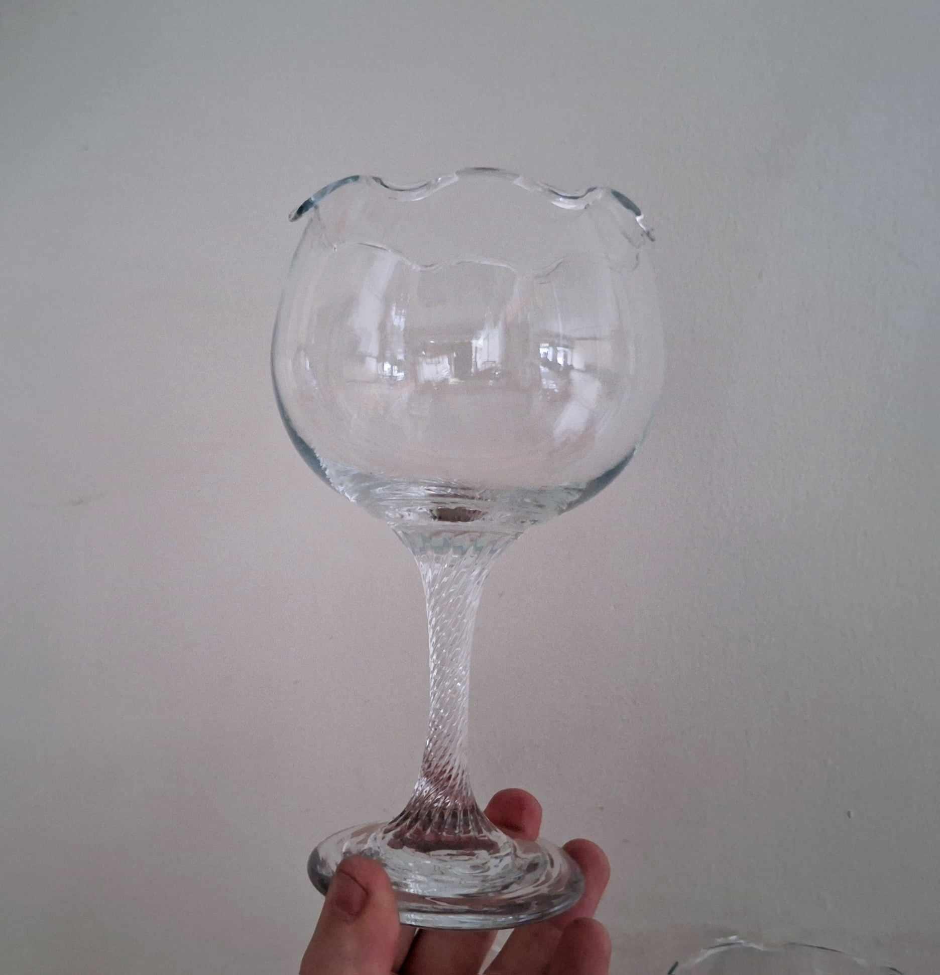 Vintage Clear Glass Goblets with Scalloped Edge, Twisted Stem Wine Glasses, Set of 3 Elegant Cocktail Glasses, Decorative Barware, 7" Tall