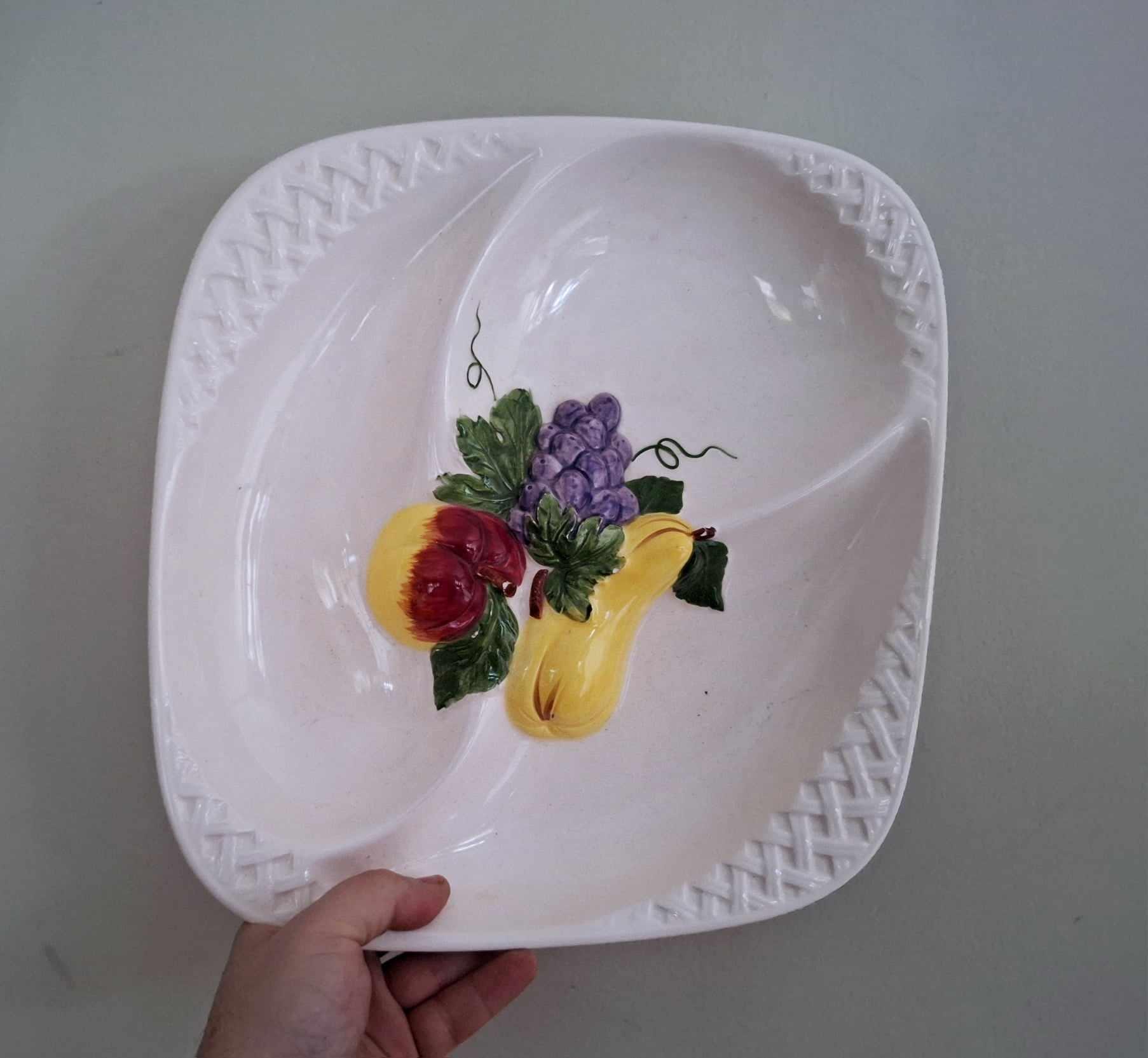 Vintage Hand-Painted Divided Serving Dish | Italian Fruit Motif Ceramic Plate | Retro Tableware | Mid-Century Entertaining 3 Section Platter