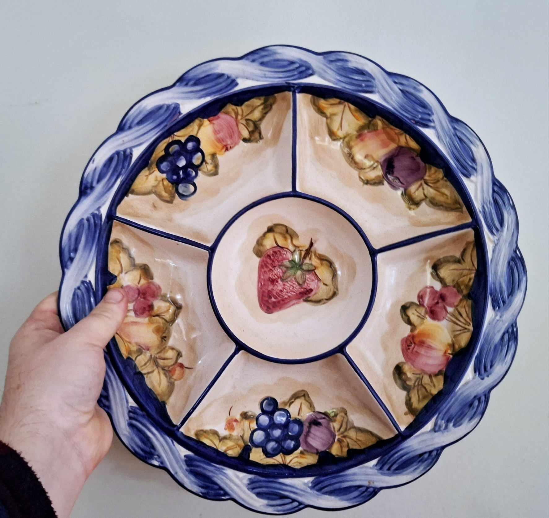 Vintage Italian Ceramic Divided Serving Dish | Hand Painted Fruit Motif Platter | Blue Woven Border 5 Section Appetizer Tray Retro Tableware