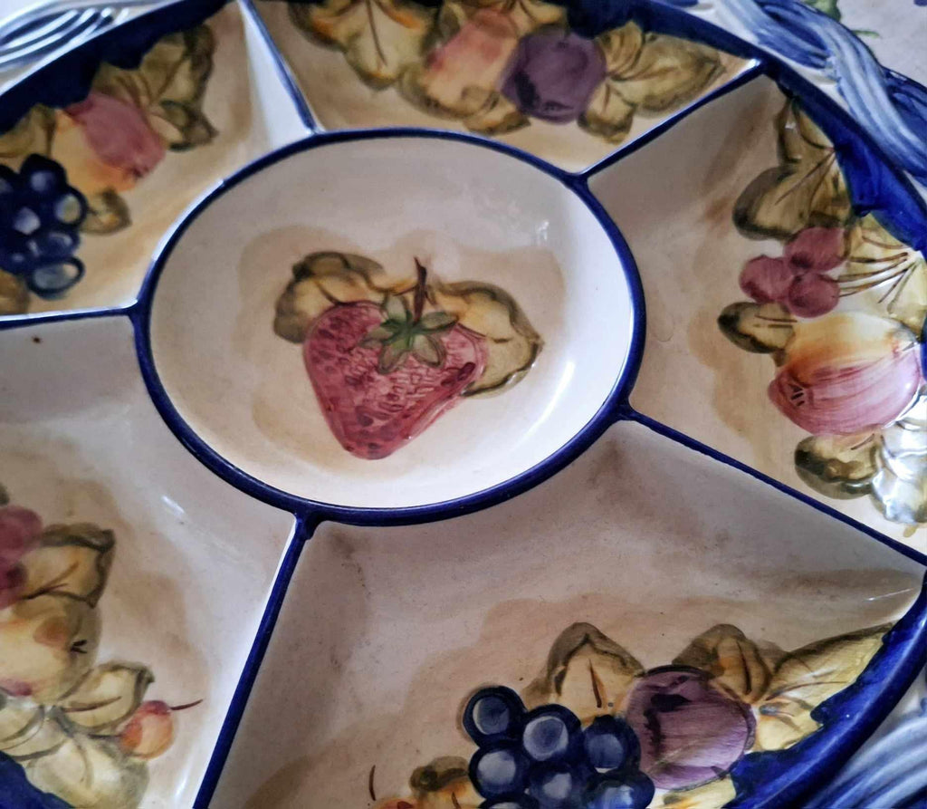 Vintage Italian Ceramic Divided Serving Dish | Hand Painted Fruit Motif Platter | Blue Woven Border 5 Section Appetizer Tray Retro Tableware