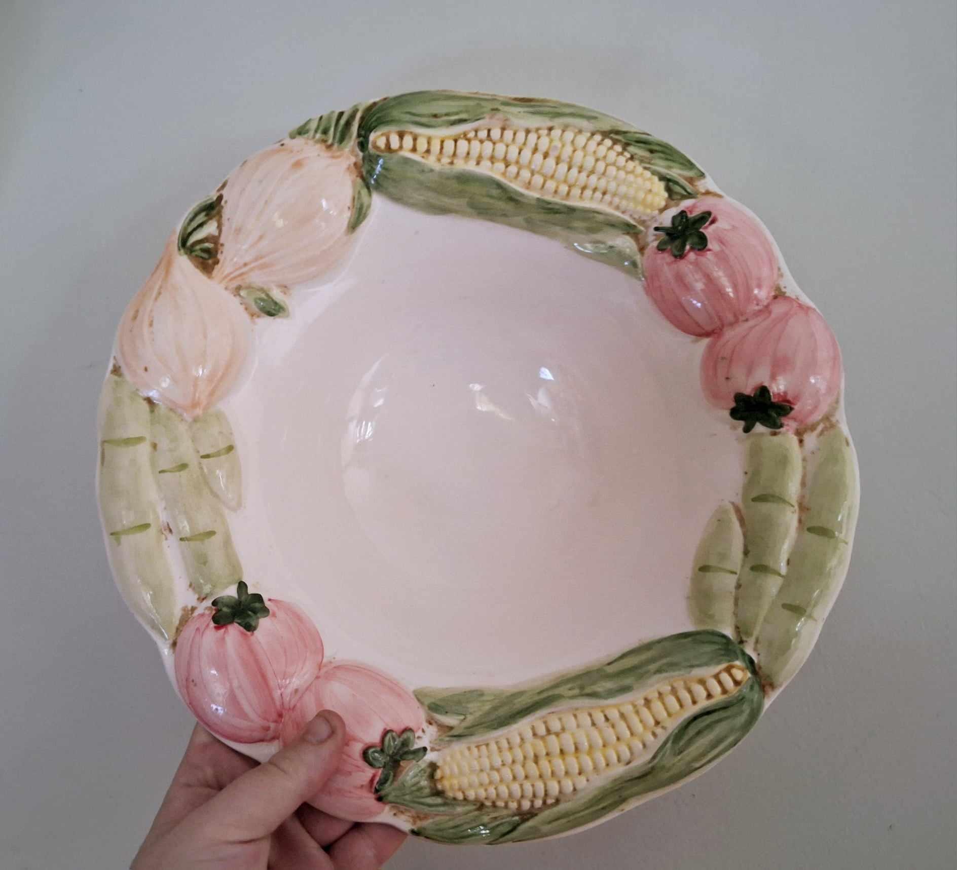 Vintage Hand-Painted Vegetable Serving Bowl | Corn, Tomato, and Onion Ceramic Bowl | Rustic Farmhouse Kitchen Decor Country Style Tableware