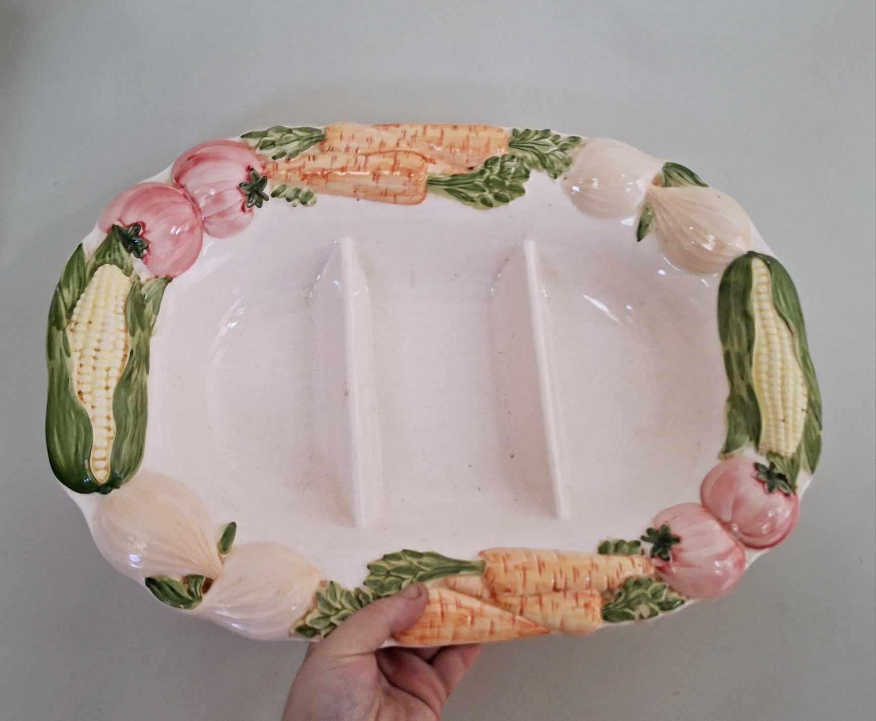 Vintage Divided Serving Dish Rustic Farmhouse Ceramic Platter Hand-Painted Vegetable Motif Corn, Carrot, Tomato, Onion Design 3 Section Tray