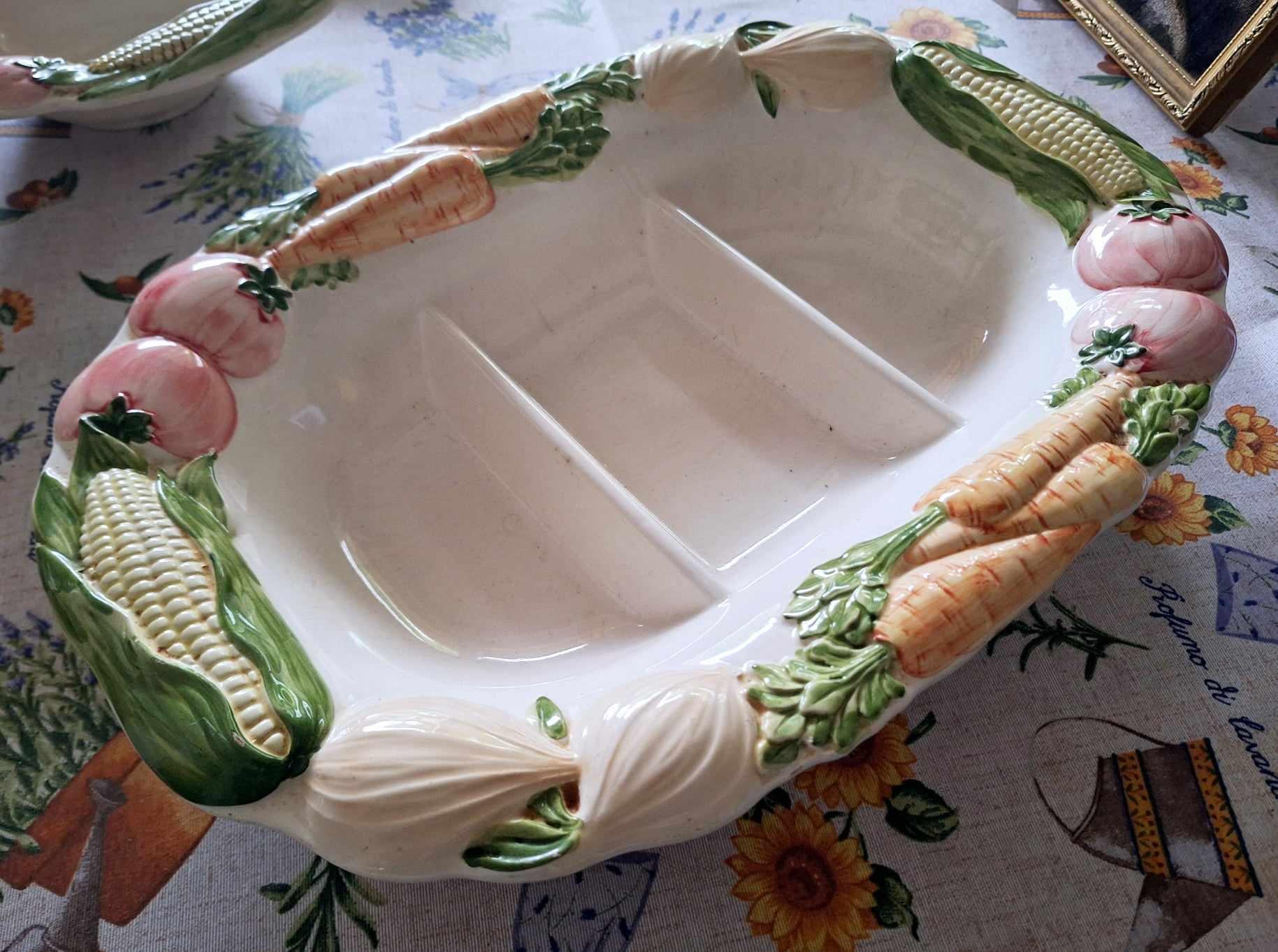 Vintage Divided Serving Dish Rustic Farmhouse Ceramic Platter Hand-Painted Vegetable Motif Corn, Carrot, Tomato, Onion Design 3 Section Tray
