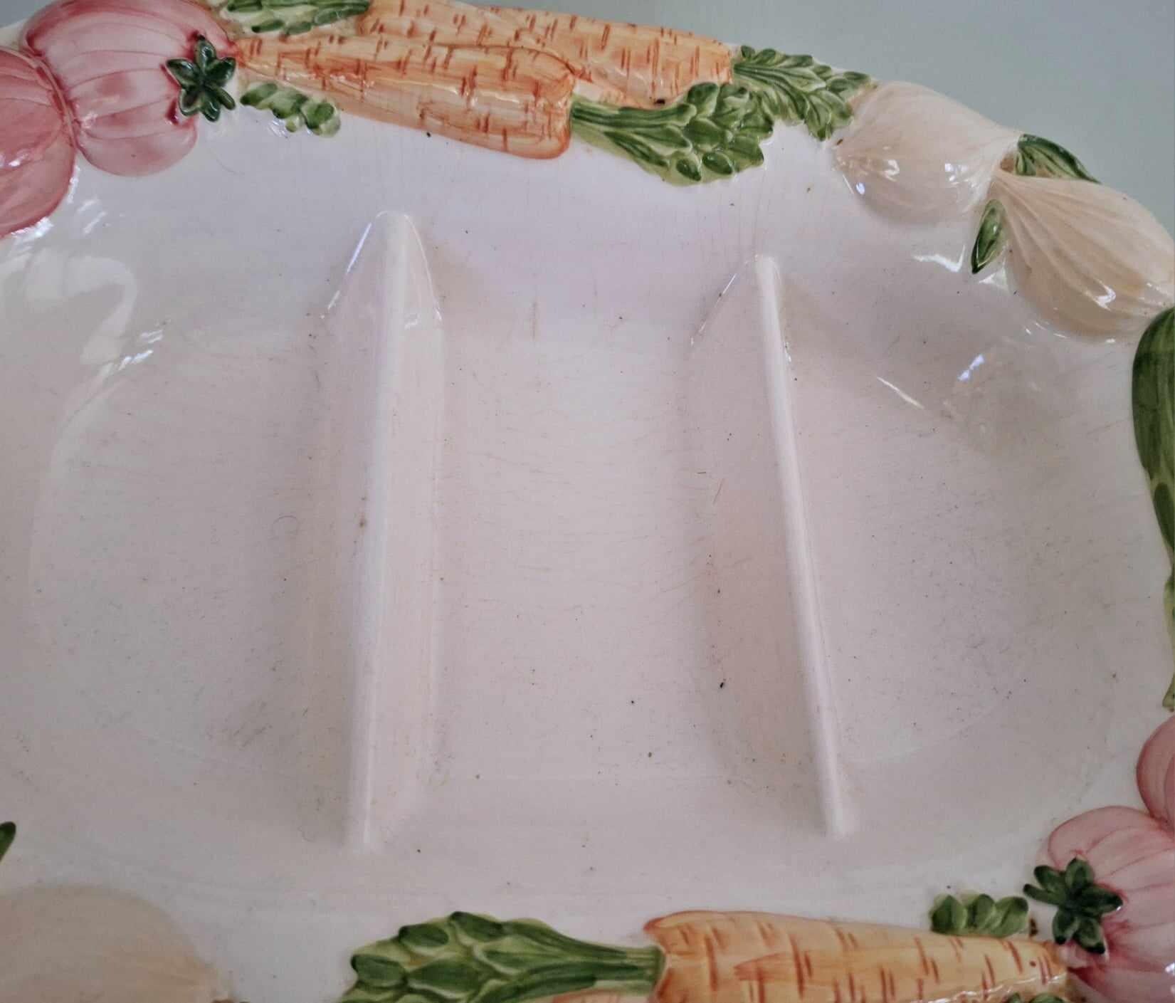 Vintage Divided Serving Dish Rustic Farmhouse Ceramic Platter Hand-Painted Vegetable Motif Corn, Carrot, Tomato, Onion Design 3 Section Tray