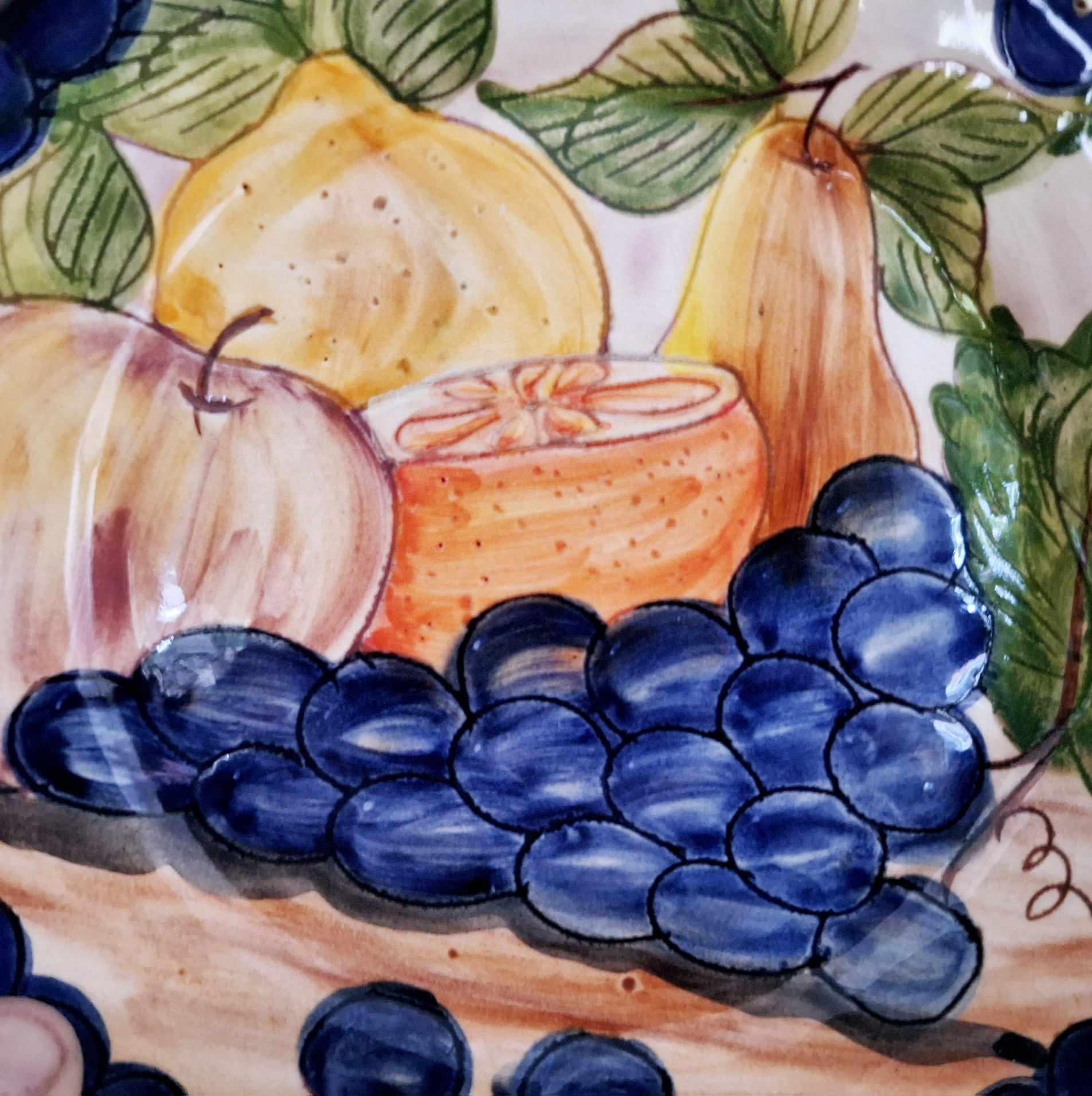 Vintage Italian Hand-Painted Fruit Plates | Wall Hanging Ceramic Plates | Blue Border Terracotta Rustic Mediterranean Kitchen Decor Set of 2
