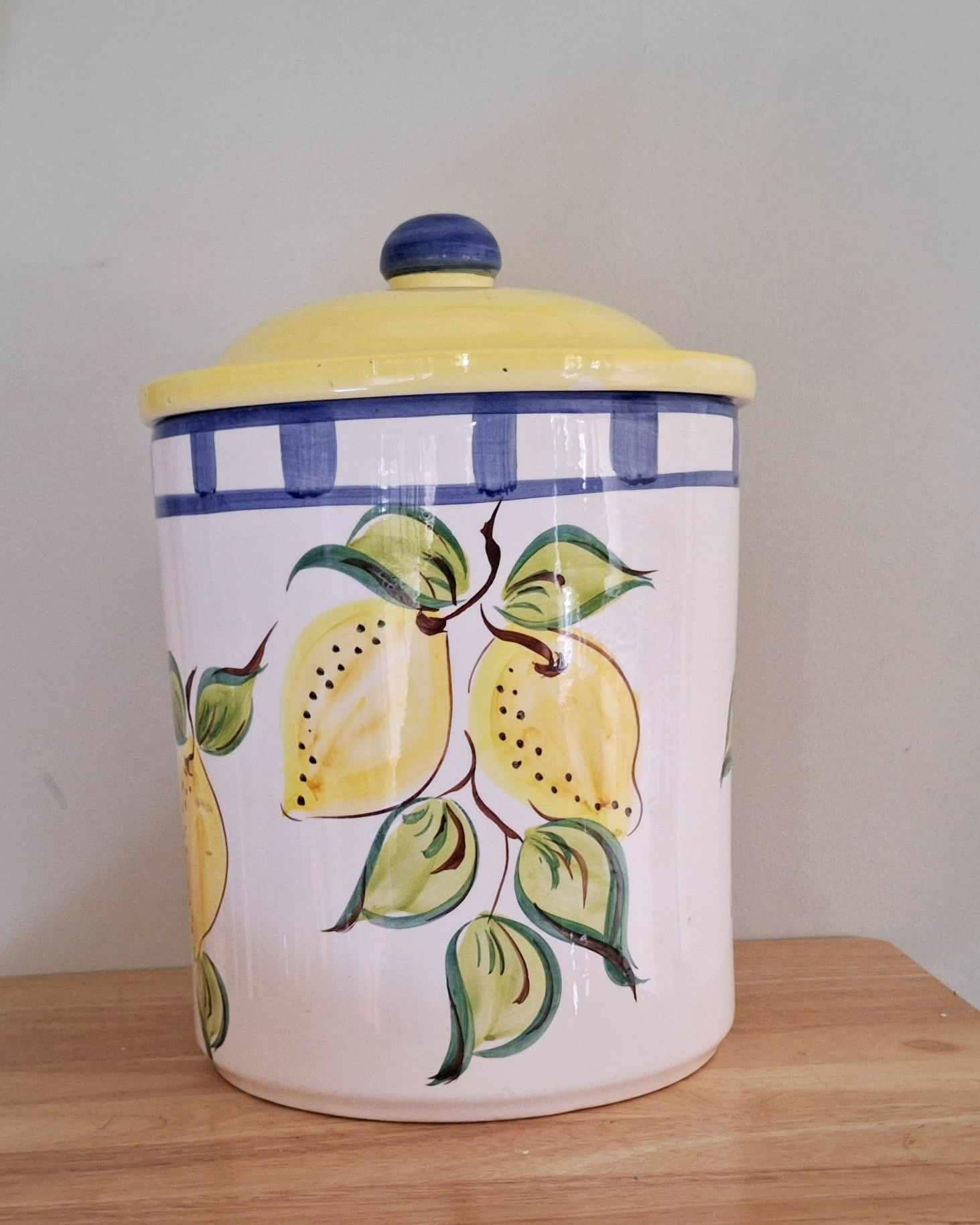 Large Hand-Painted Lemon Ceramic Jar with Lid  Vintage Italian Style Kitchen Canister  Farmhouse Storage Pot  Country Home Decor