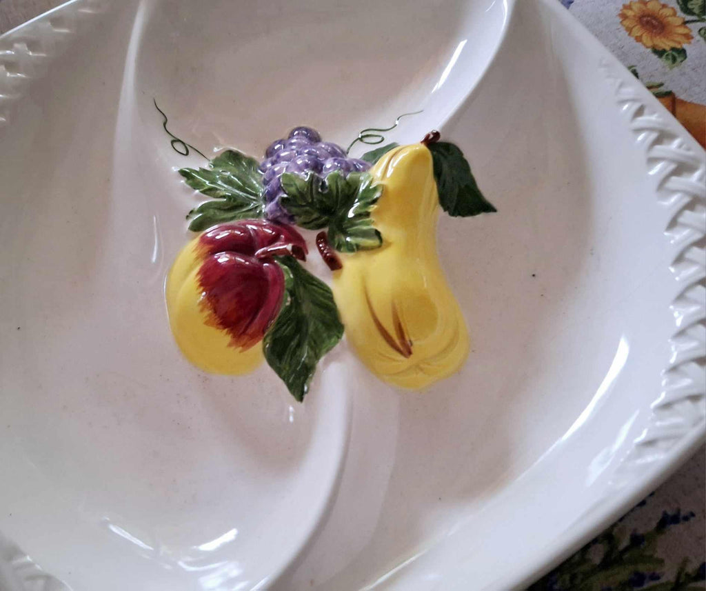 Vintage Hand-Painted Divided Serving Dish | Italian Fruit Motif Ceramic Plate | Retro Tableware | Mid-Century Entertaining 3 Section Platter