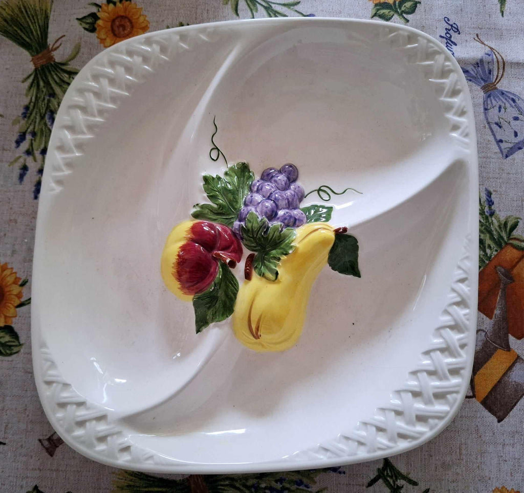 Vintage Hand-Painted Divided Serving Dish | Italian Fruit Motif Ceramic Plate | Retro Tableware | Mid-Century Entertaining 3 Section Platter