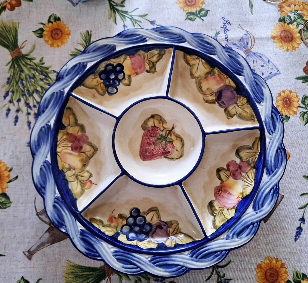 Vintage Italian Ceramic Divided Serving Dish | Hand Painted Fruit Motif Platter | Blue Woven Border 5 Section Appetizer Tray Retro Tableware