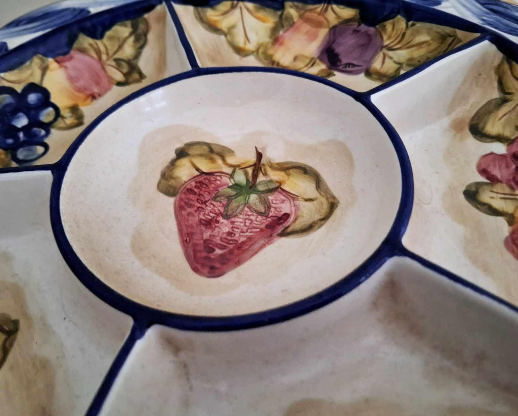 Vintage Italian Ceramic Divided Serving Dish | Hand Painted Fruit Motif Platter | Blue Woven Border 5 Section Appetizer Tray Retro Tableware