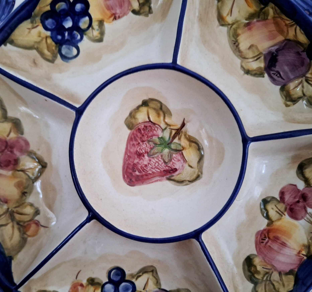 Vintage Italian Ceramic Divided Serving Dish | Hand Painted Fruit Motif Platter | Blue Woven Border 5 Section Appetizer Tray Retro Tableware