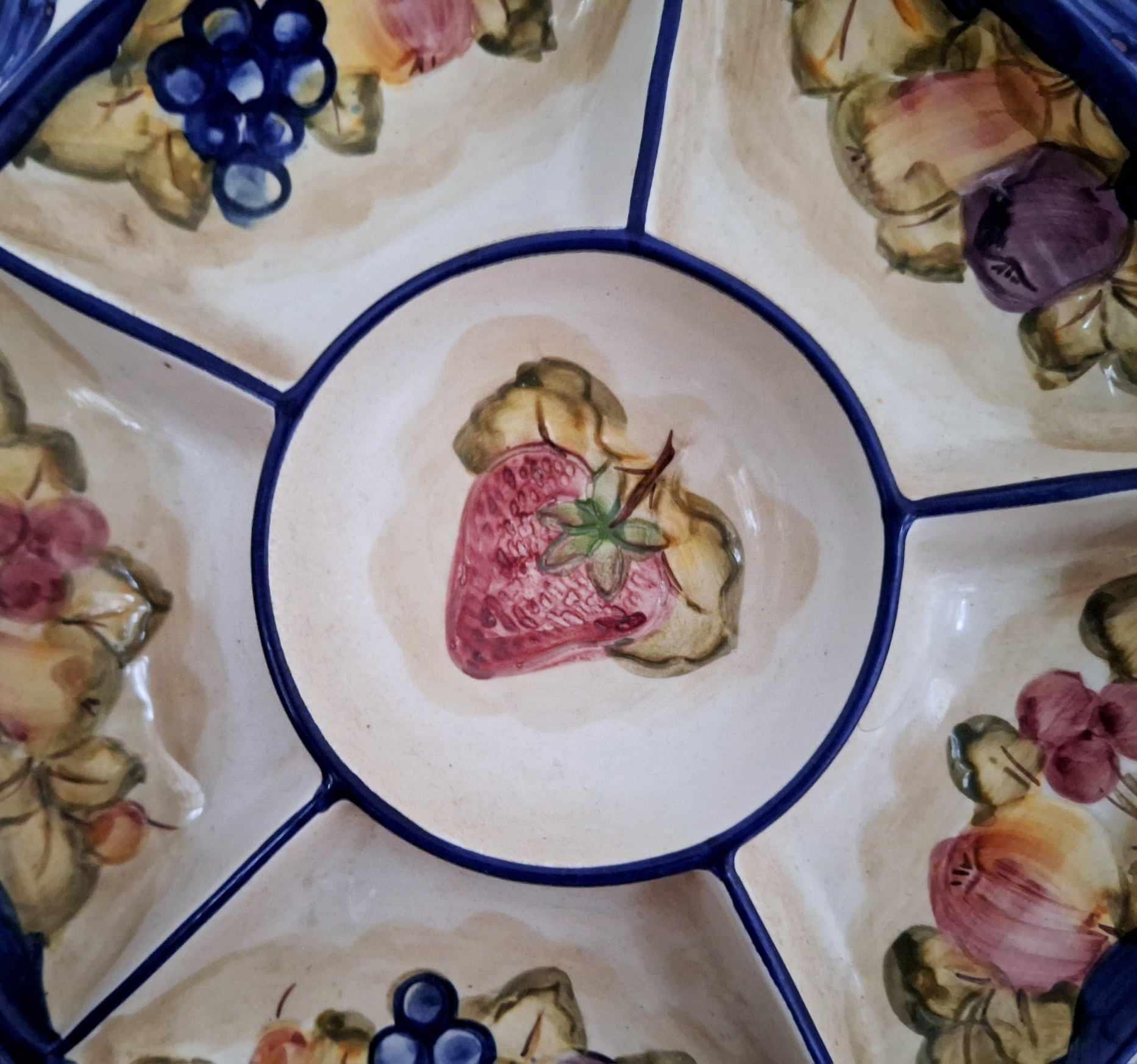 Vintage Italian Ceramic Divided Serving Dish | Hand Painted Fruit Motif Platter | Blue Woven Border 5 Section Appetizer Tray Retro Tableware