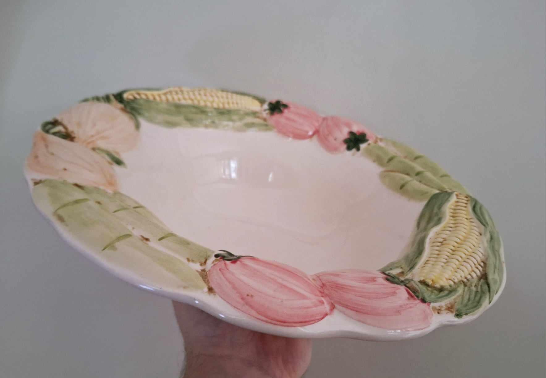 Vintage Hand-Painted Vegetable Serving Bowl | Corn, Tomato, and Onion Ceramic Bowl | Rustic Farmhouse Kitchen Decor Country Style Tableware