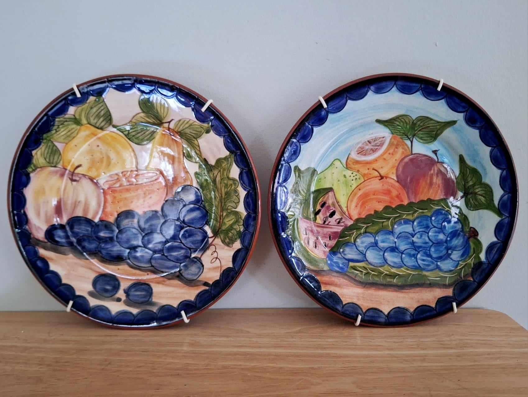 Vintage Italian Hand-Painted Fruit Plates | Wall Hanging Ceramic Plates | Blue Border Terracotta Rustic Mediterranean Kitchen Decor Set of 2