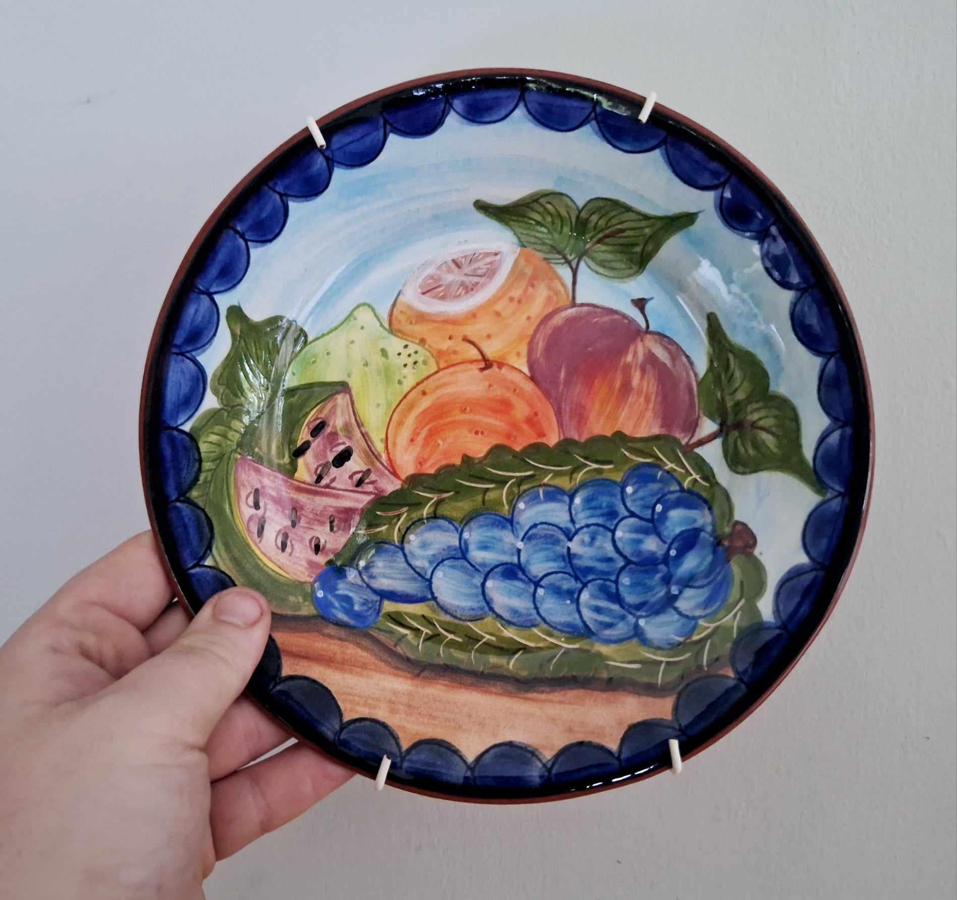Vintage Italian Hand-Painted Fruit Plates | Wall Hanging Ceramic Plates | Blue Border Terracotta Rustic Mediterranean Kitchen Decor Set of 2