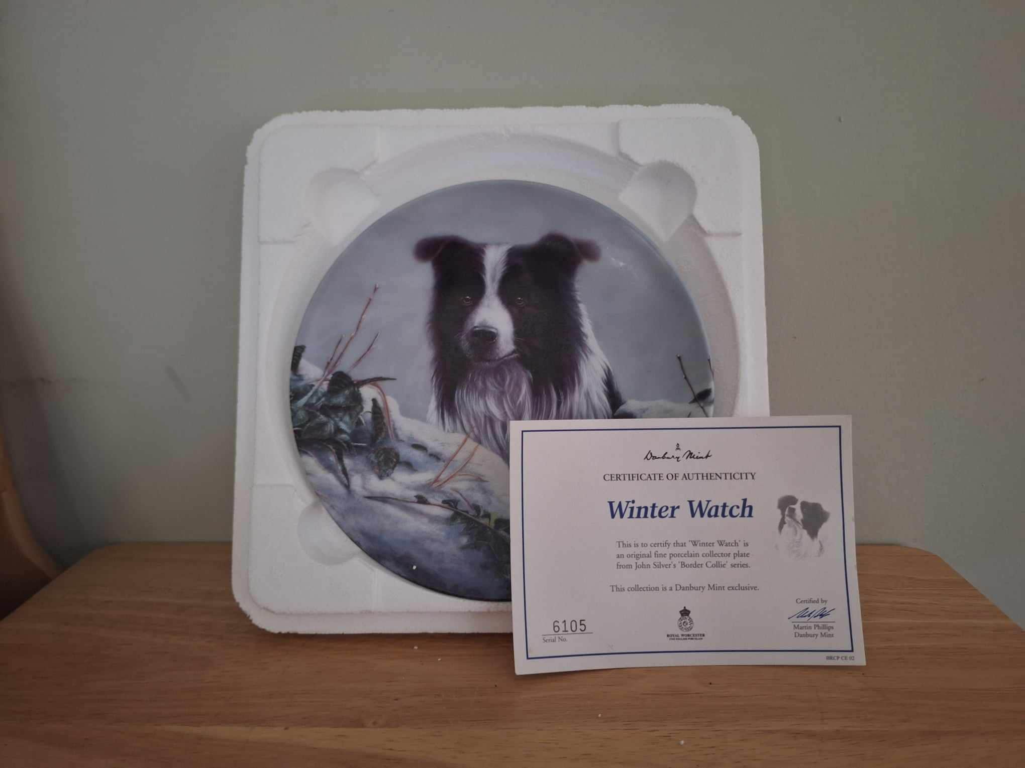 Winter Watch Danbury Mint Border Collie Plate by John Silver | Royal Worcester Collector Dog Plate with COA | Gift for Dog Lovers