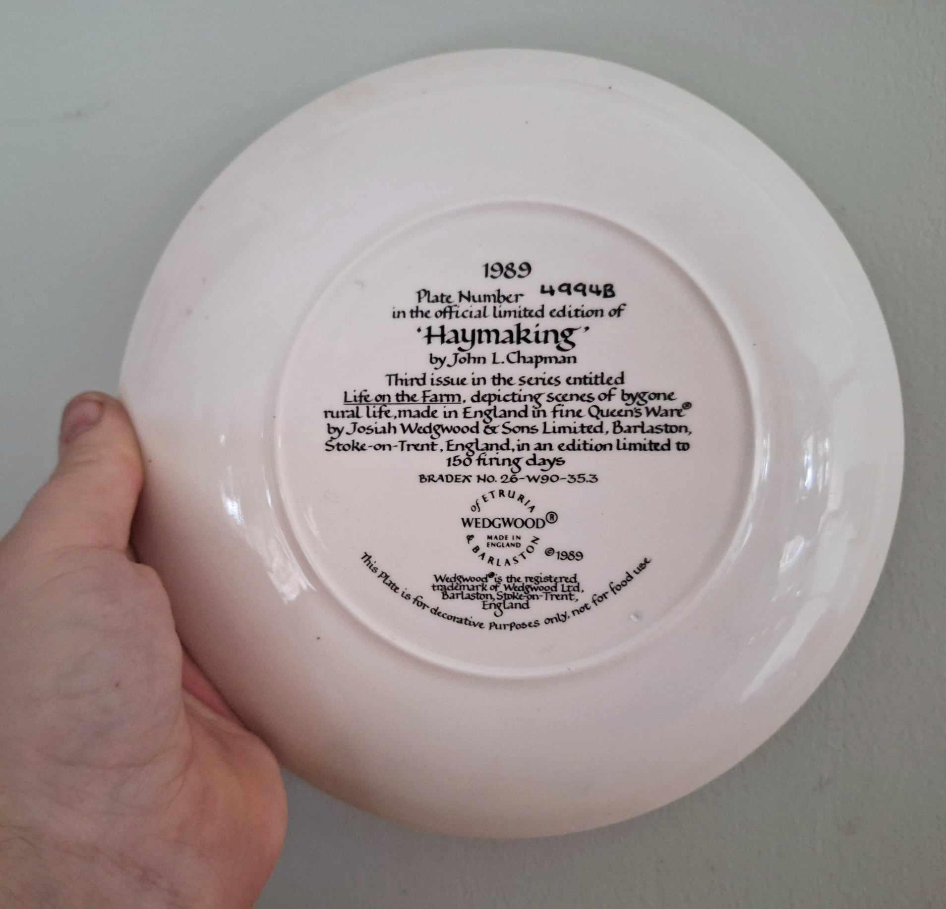 Wedgwood ‘Haymaking Collector Plate by John L. Chapman | 1989 Limited Edition | Life on the Farm Series  Vintage Countryside Decor