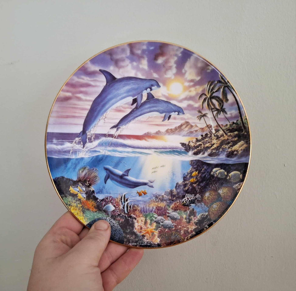 Sunlit Dance Collector Plate Freedom of the Ocean Compton Woodhouse Fine Bone China Dolphins Tropical Ocean Sunset Coral Reef Wall Art Gift