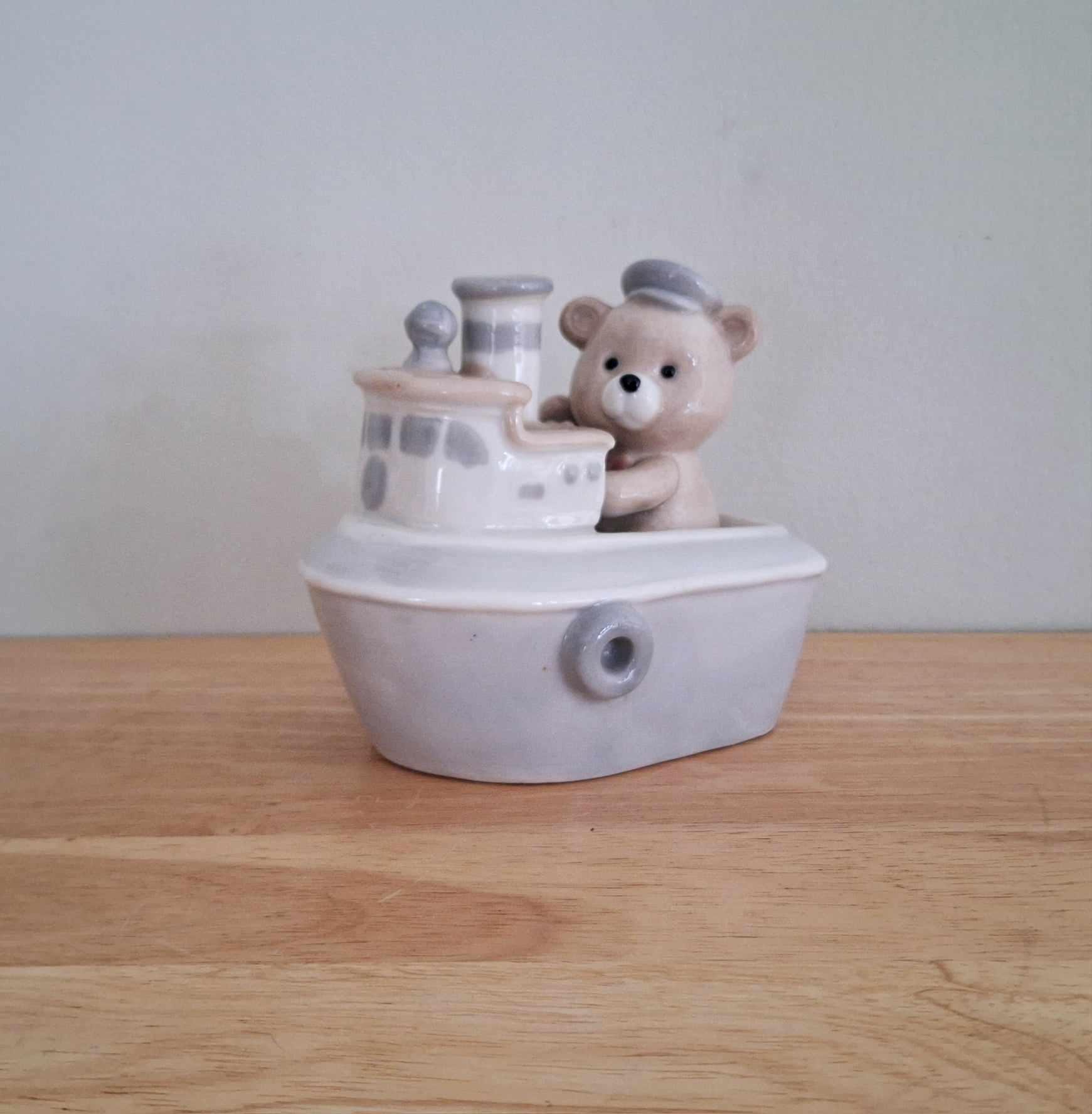 Ceramic Bear Tugboat Money Box, Nautical Nursery Piggy Bank, Cute Baby Shower Gift, Kids Room Decor, Vintage-Style Coin Bank Collectible