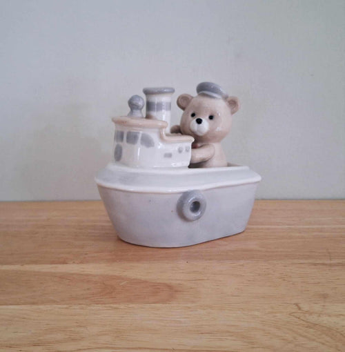 Ceramic Bear Tugboat Money Box, Nautical Nursery Piggy Bank, Cute Baby Shower Gift, Kids Room Decor, Vintage-Style Coin Bank Collectible
