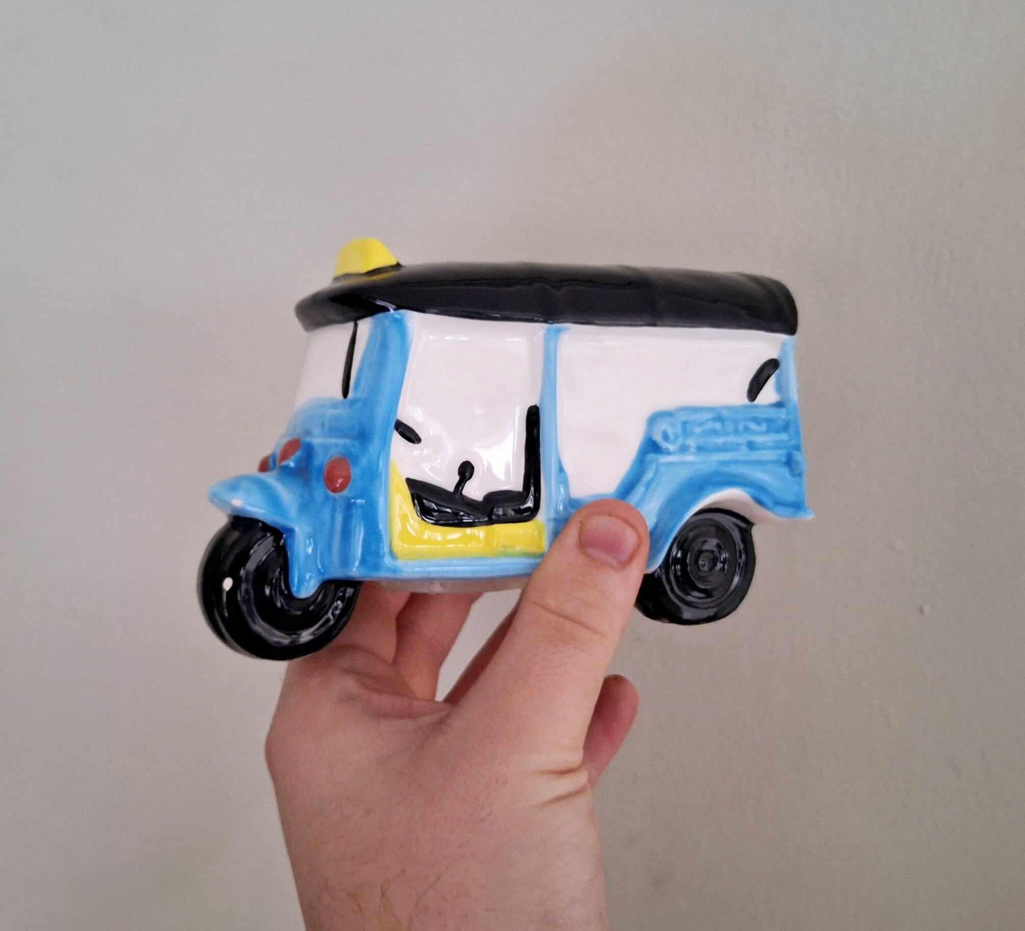 Ceramic Tuk Tuk Rickshaw Money Box | Blue Yellow Taxi Trinket Bank | Cute Travel Decor Gift Handmade Coin Piggy Bank India Style