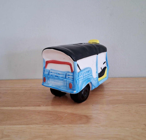 Ceramic Tuk Tuk Rickshaw Money Box | Blue Yellow Taxi Trinket Bank | Cute Travel Decor Gift Handmade Coin Piggy Bank India Style