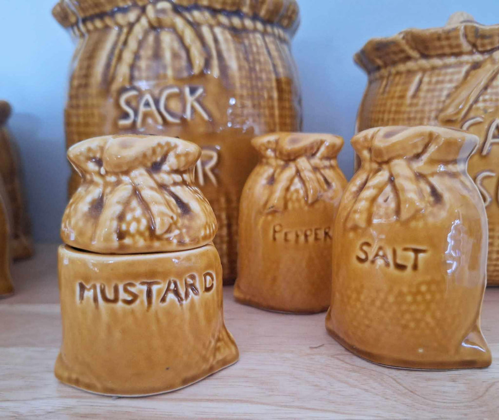 Vintage Ceramic Sack Canister Set  Flour Sugar Tea Coffee Salt Pepper Mustard  Retro Farmhouse Kitchen Jars 70s Style