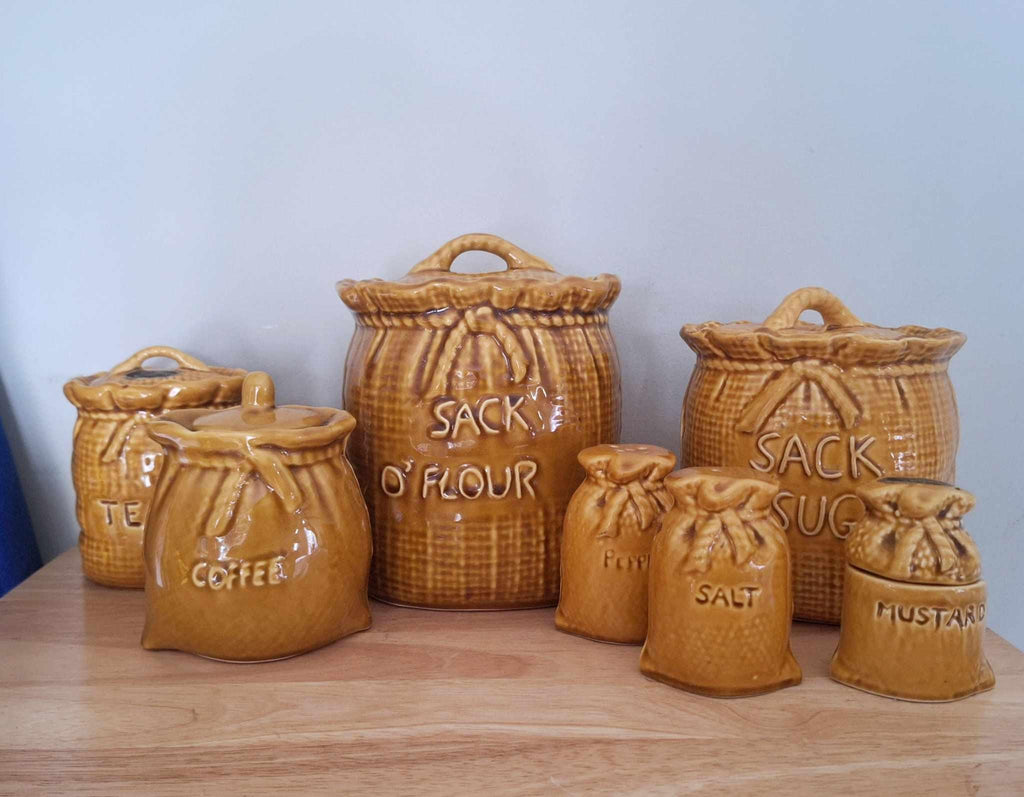 Vintage Ceramic Sack Canister Set  Flour Sugar Tea Coffee Salt Pepper Mustard  Retro Farmhouse Kitchen Jars 70s Style