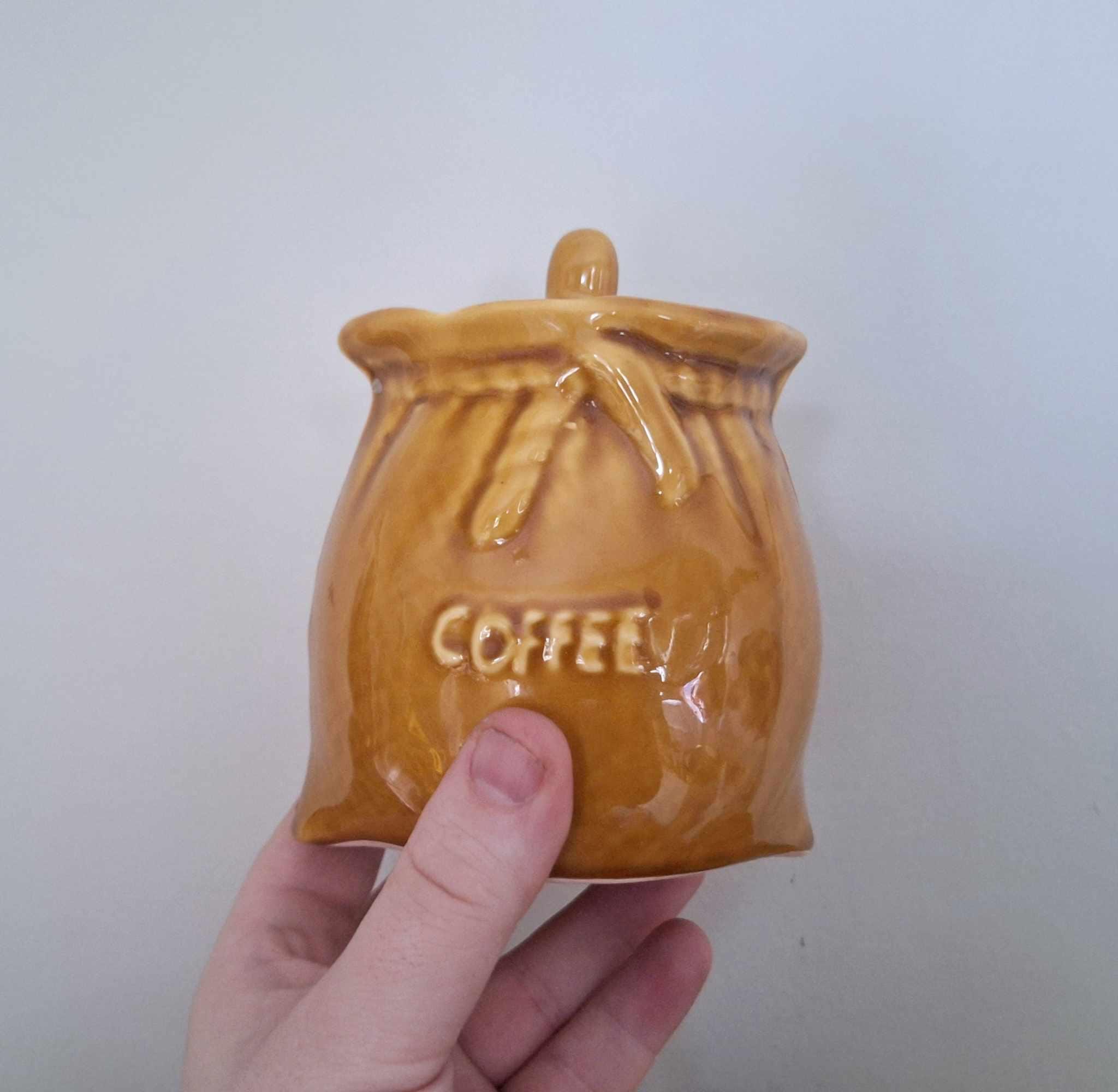 Vintage Ceramic Sack Canister Set  Flour Sugar Tea Coffee Salt Pepper Mustard  Retro Farmhouse Kitchen Jars 70s Style