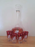 Vintage Ruby Red Glass Decanter Set with 6 Glasses | Grape Vine Design | Mid-Century Barware | Gold Rim | Retro Drinkware