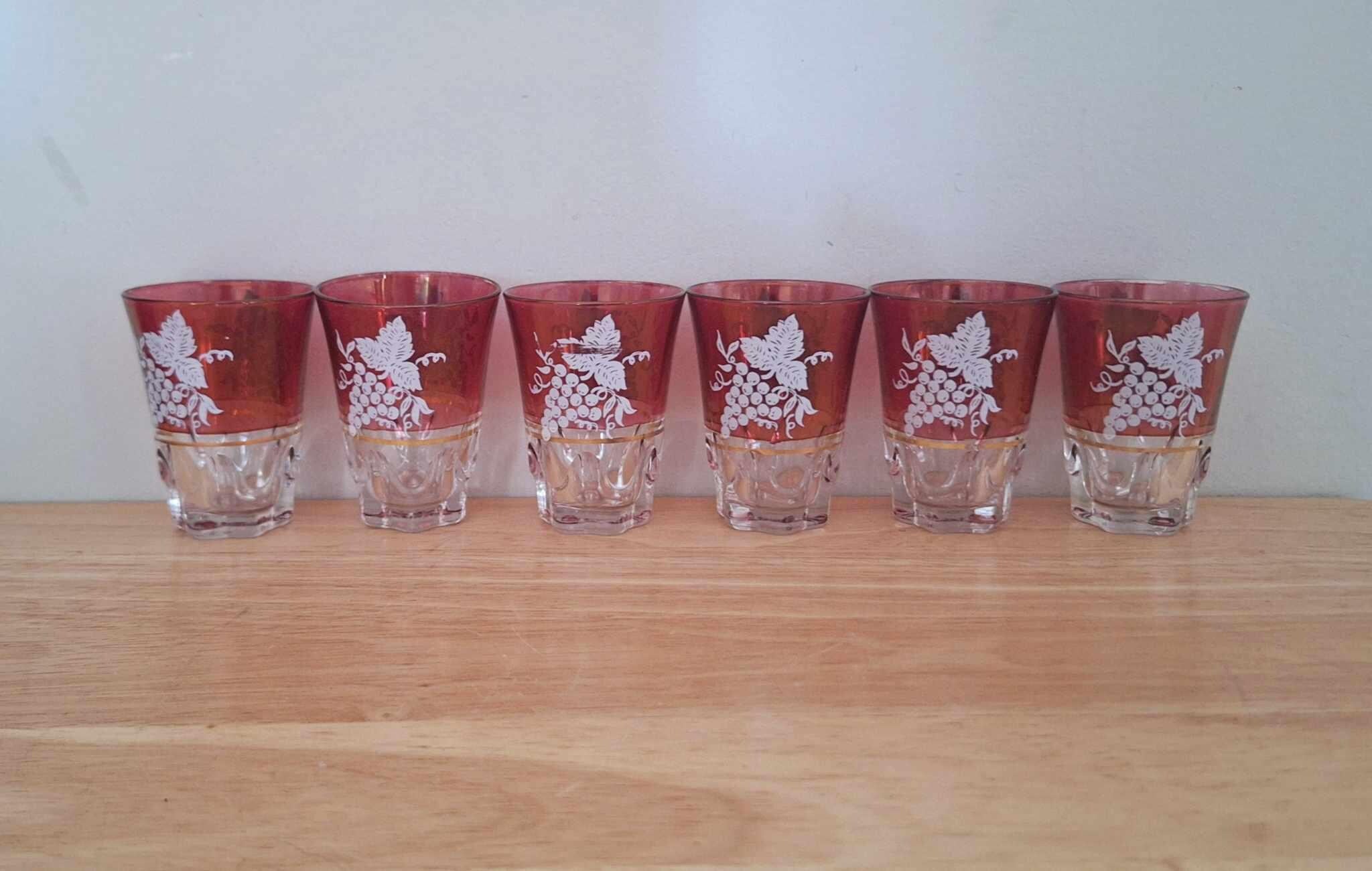 Vintage Ruby Red Glass Decanter Set with 6 Glasses | Grape Vine Design | Mid-Century Barware | Gold Rim | Retro Drinkware