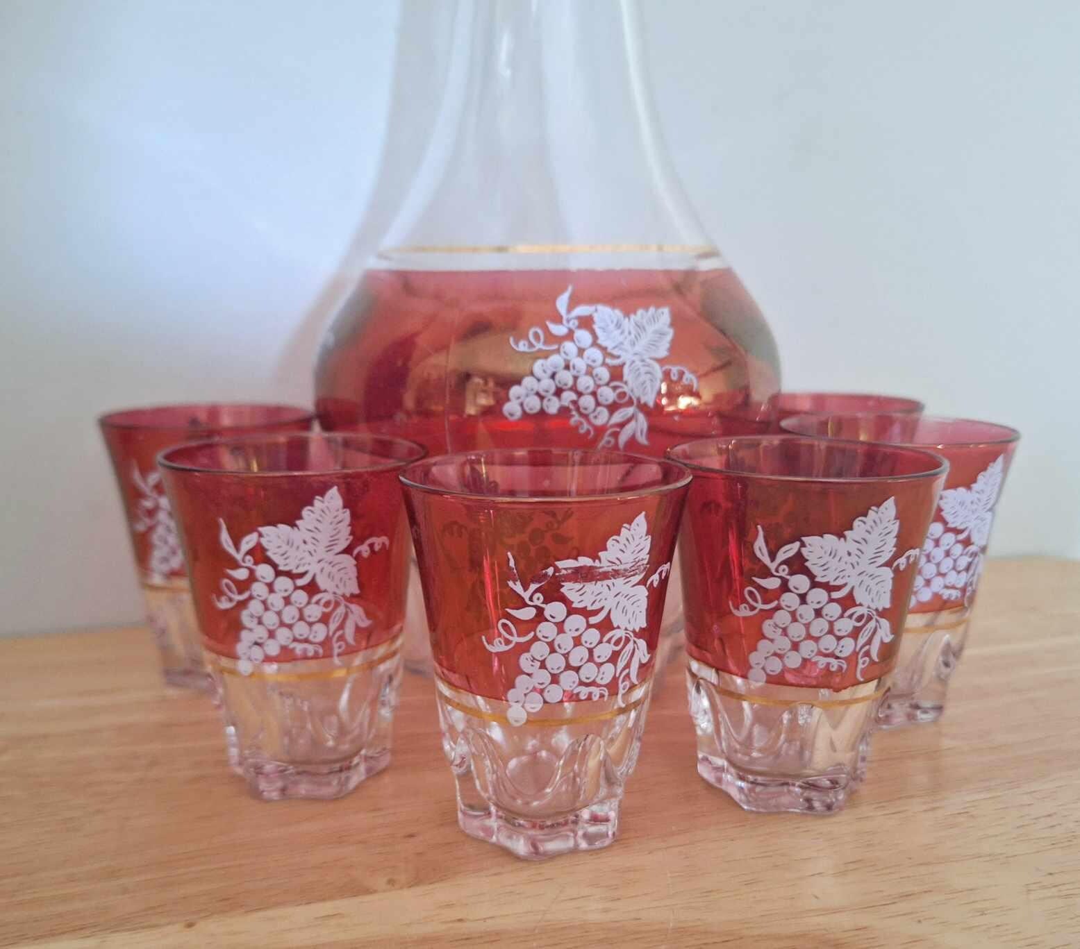 Vintage Ruby Red Glass Decanter Set with 6 Glasses | Grape Vine Design | Mid-Century Barware | Gold Rim | Retro Drinkware