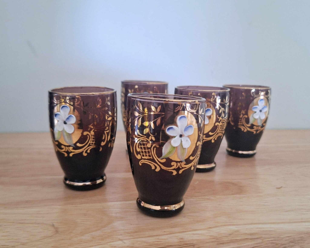 Vintage Bohemian Shot Glasses Set of 5  Gold Floral Overlay, Hand Painted 3D Enamel, Czech Style Liqueur Glasses