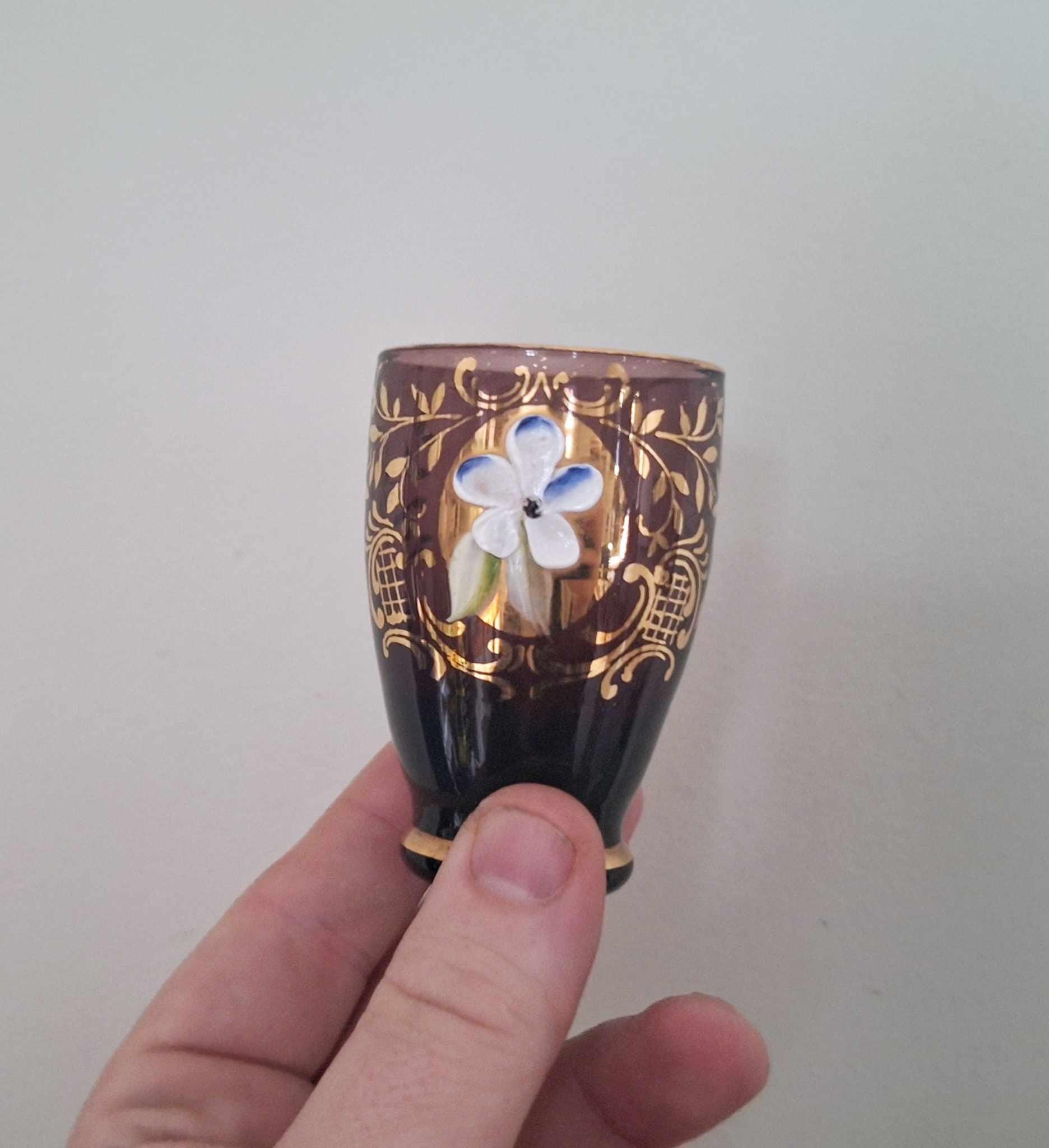 Vintage Bohemian Shot Glasses Set of 5  Gold Floral Overlay, Hand Painted 3D Enamel, Czech Style Liqueur Glasses