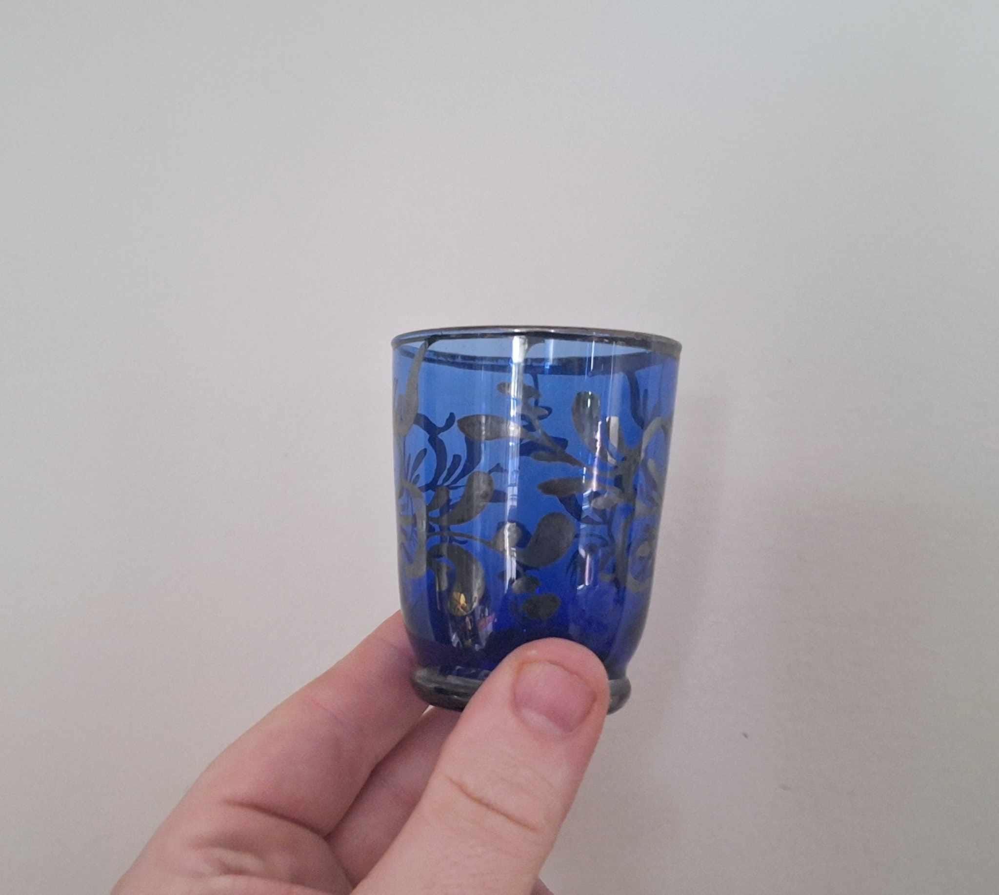 Vintage Cobalt Blue Glass Decanter & 5 Tumblers Set with Silver Floral Design | Mid Century Barware | Retro Drinks Set | Gift for Him/Her