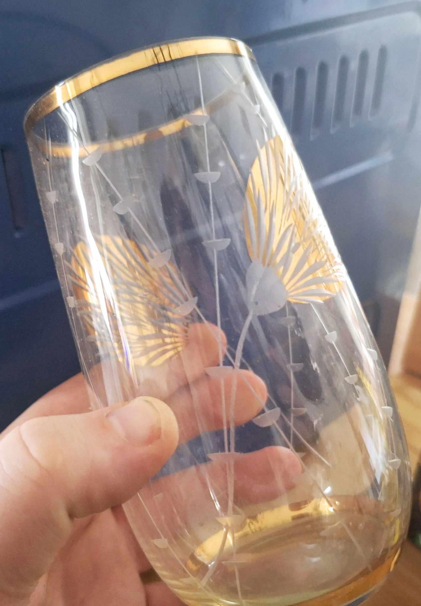 Vintage Mid-Century Glass Pitcher & Tumbler Set | 1950s-60s Gold Leaf Print | Retro Barware | 6-Piece Drinkware Set