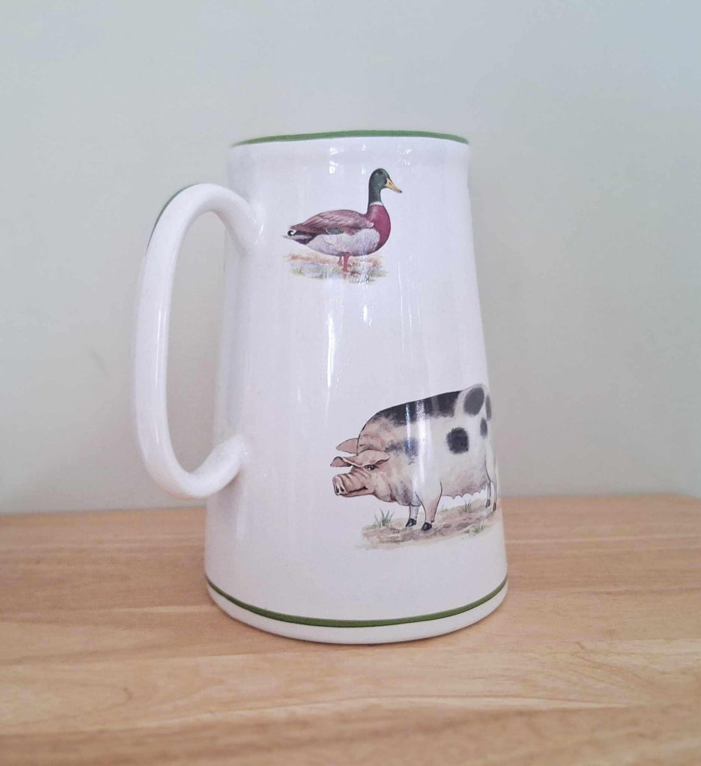Large Farm Animal Jug with Pig, Duck & Goat Illustration  Rustic Country Kitchenware, Vintage-Style Ceramic Pitcher