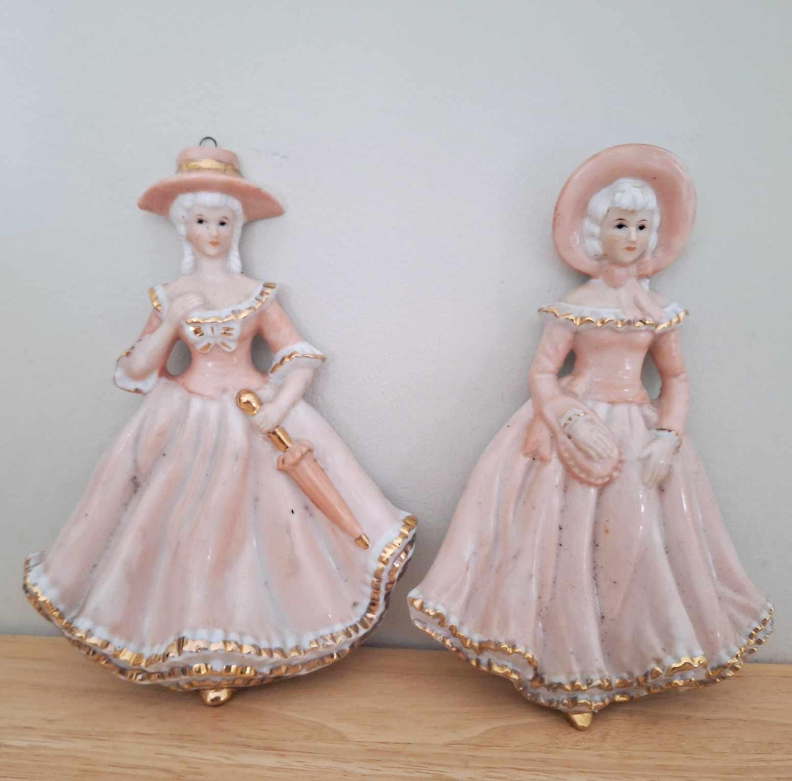 Vintage Ceramic Wall Plaques  Victorian Ladies in Gowns, Pink & Gold, Hanging Ornaments, Retro Cottagecore Decor, Pair of 2
