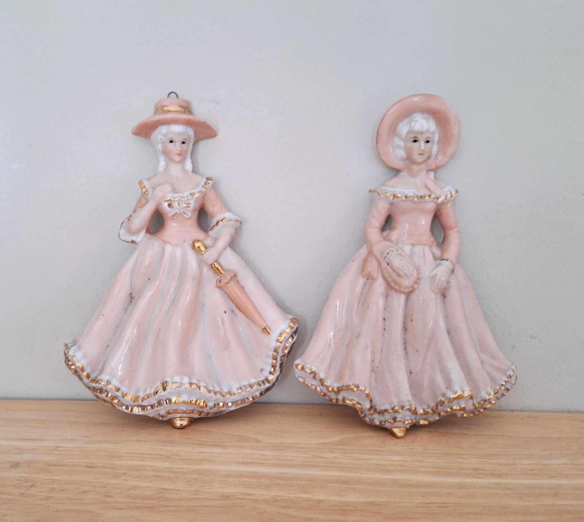 Vintage Ceramic Wall Plaques  Victorian Ladies in Gowns, Pink & Gold, Hanging Ornaments, Retro Cottagecore Decor, Pair of 2
