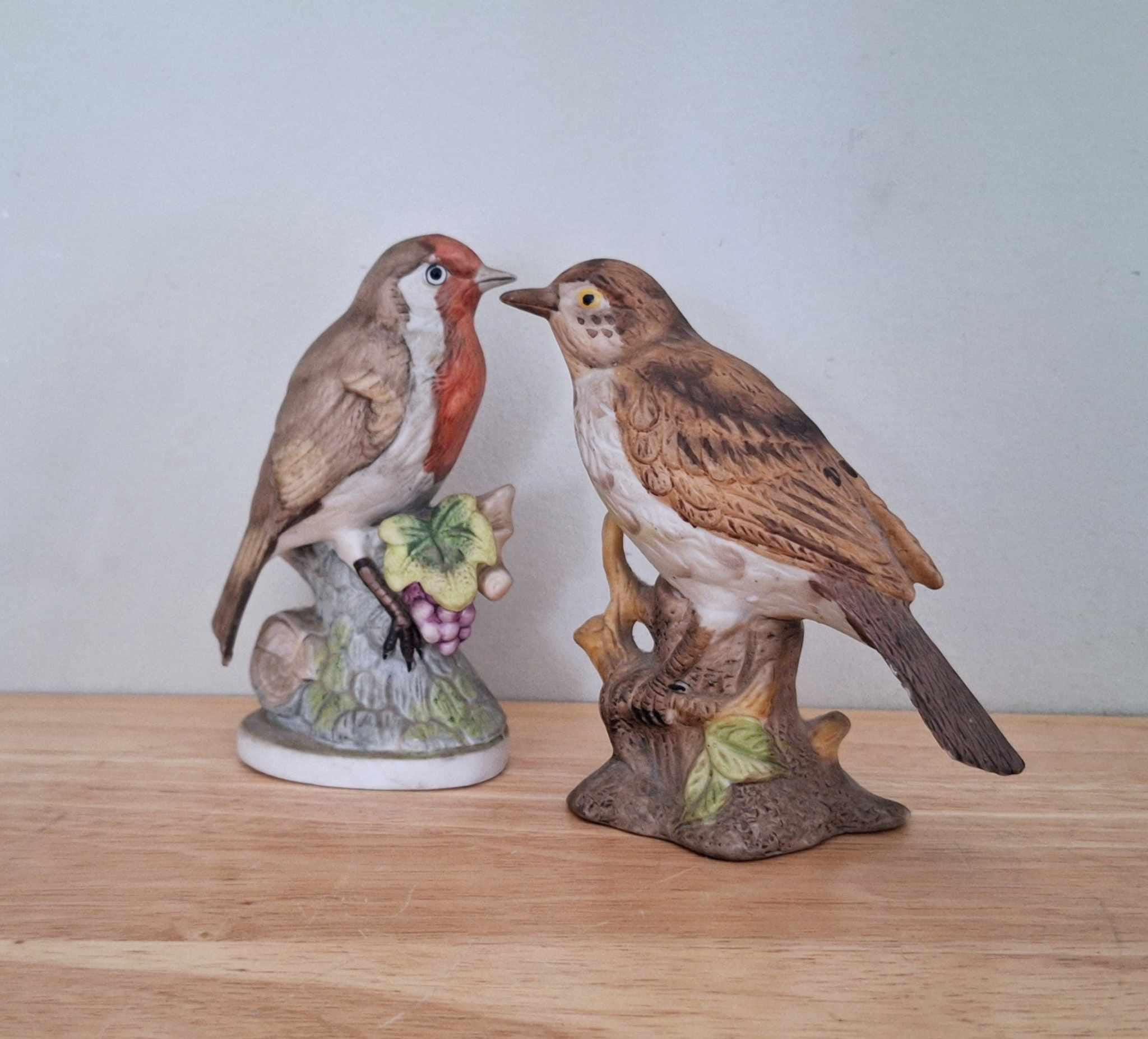 Pair of Vintage Bird Figurines  Mistle Thrush and Robin  Hand-Painted Ceramic Ornaments  Rustic Wildlife Home Decor