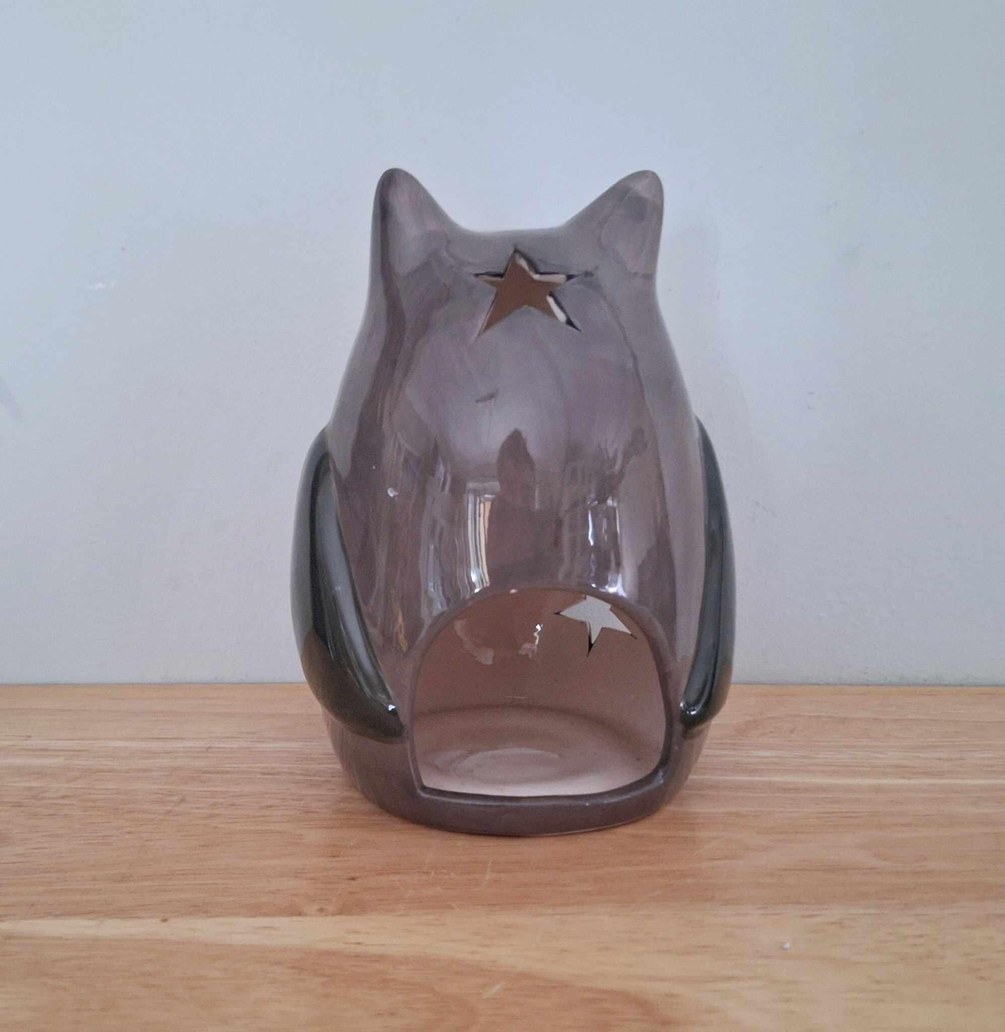 Ceramic Owl Candle Holder Vintage Owl Pottery Ceramic Figurine Candle Burner Tea Light Holder Wax Owl Tea Light Décor Owl Red Snowflake Star