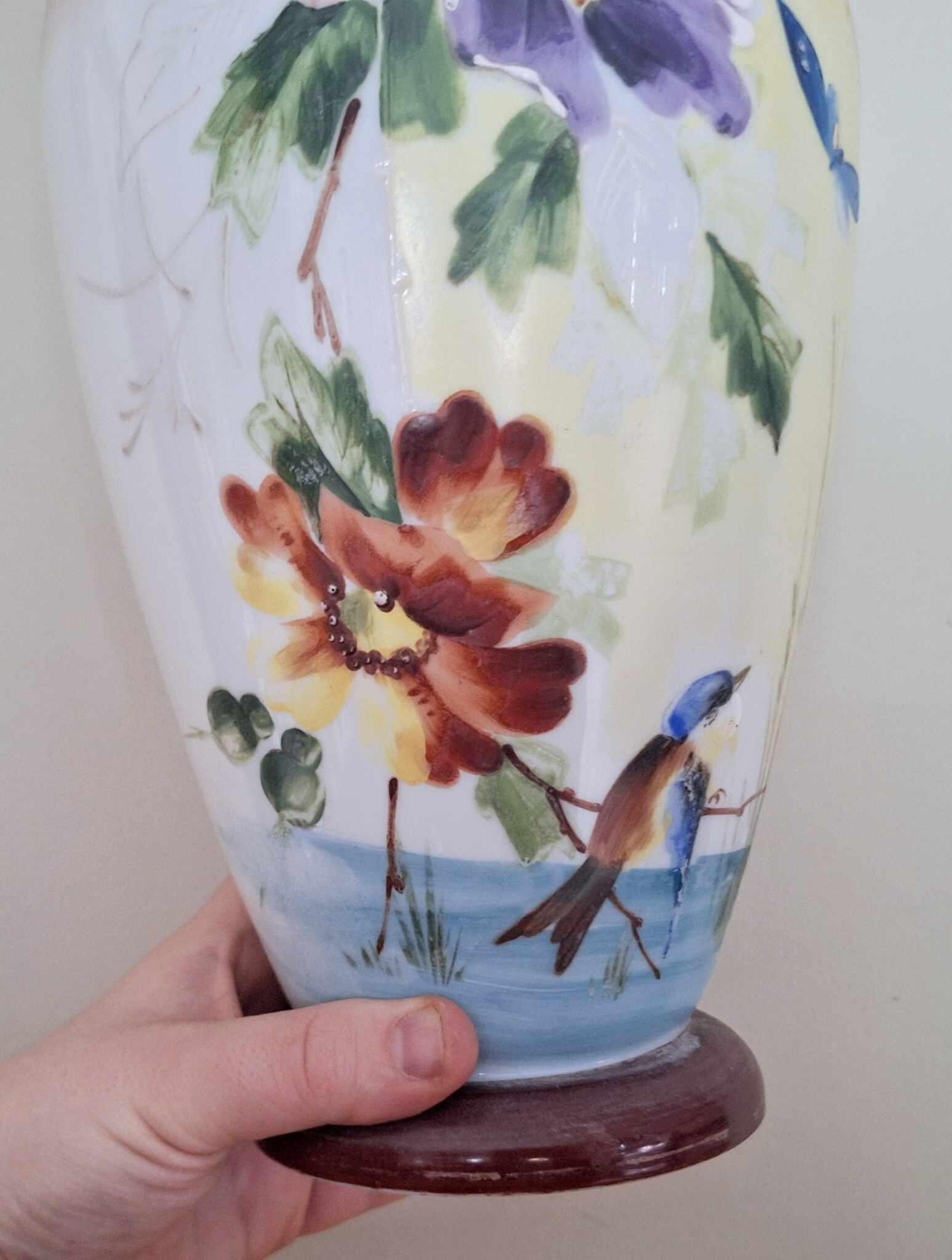 Tall Hand Painted Ceramic Vase with Bird and Floral Motif  Colourful Ornamental Display Piece, Vintage-Style Home Decor
