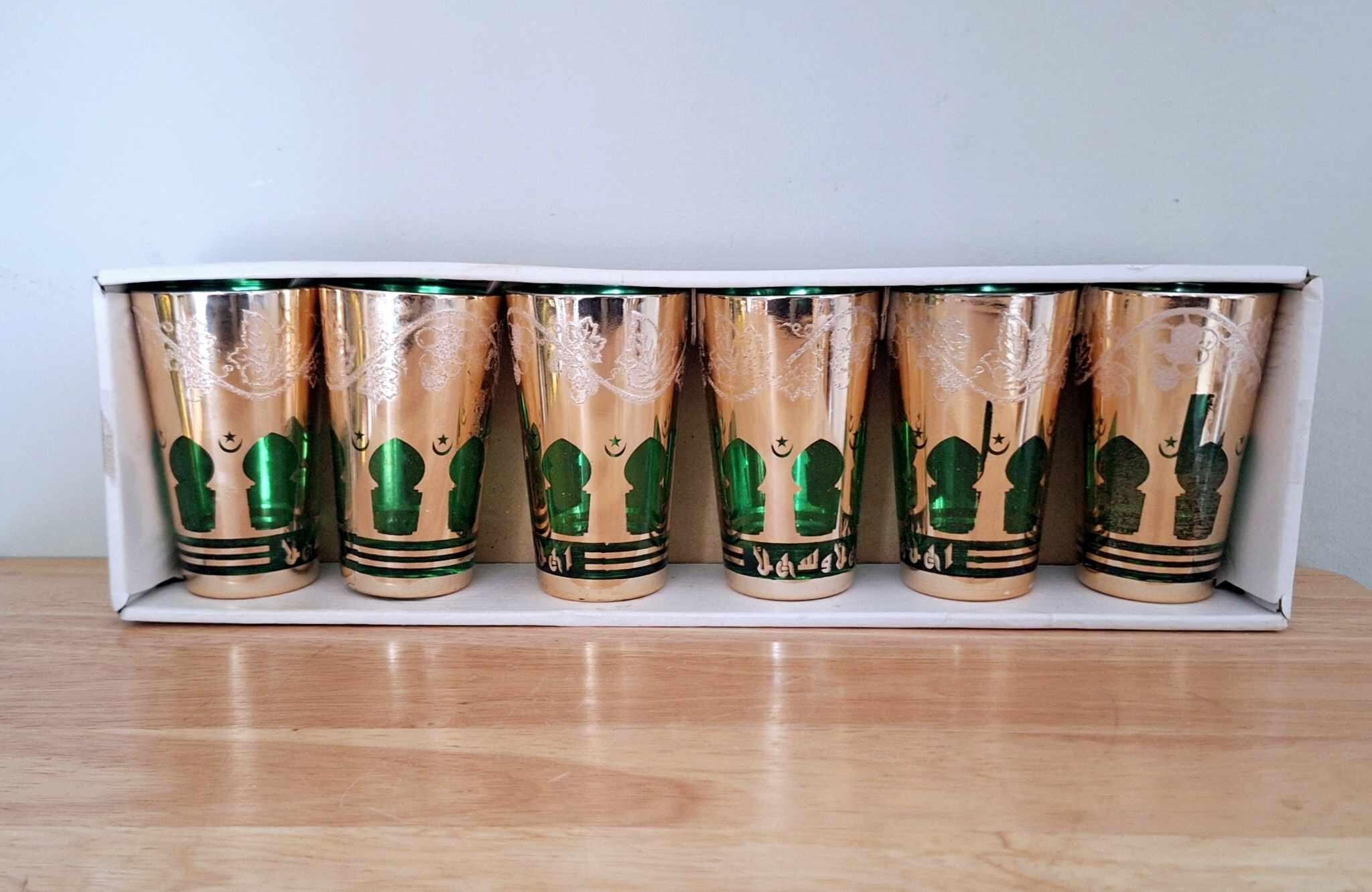 Vintage Gold Green Moroccan Style Tea Glasses  Set of 6, Metallic with Islamic Motif, Retro Boho Decor, Eid Ramadan Gift Idea