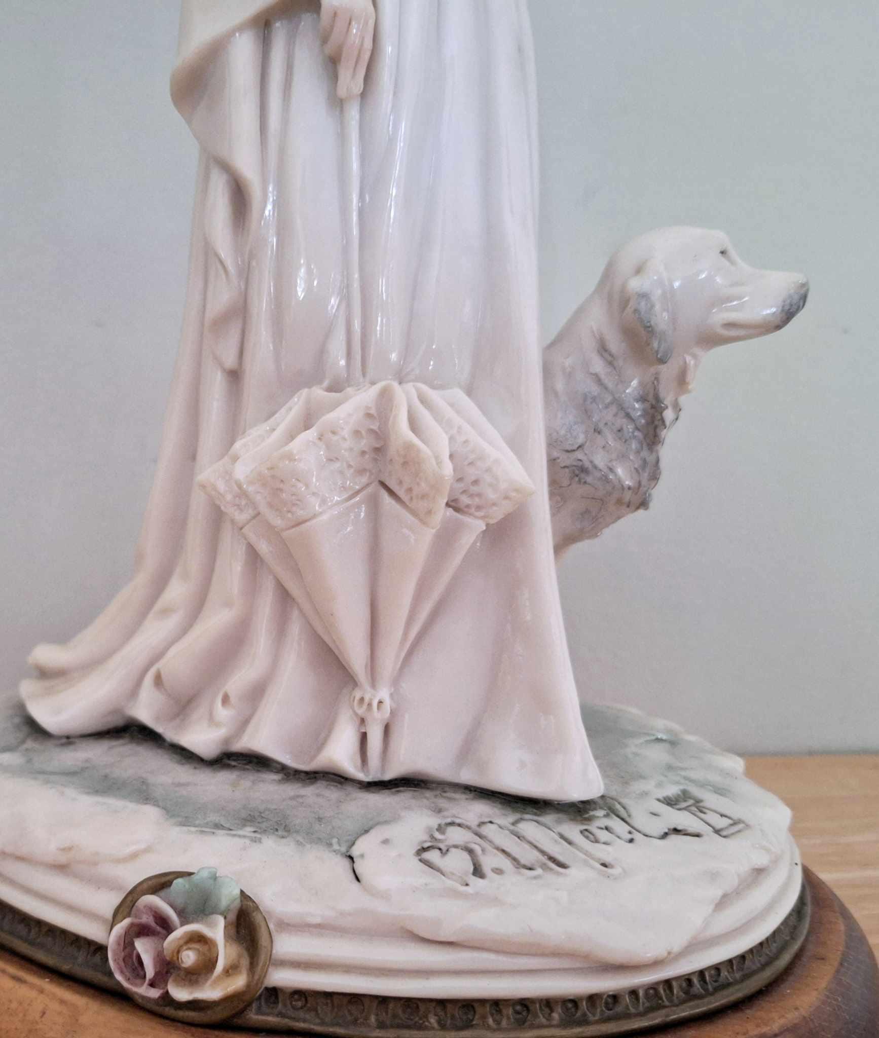 Vintage B. Merli Lady Figurine with Dog  Capodimonte Style Resin & Porcelain Mix  Signed, Elegant 18th Century Style  13" Tall