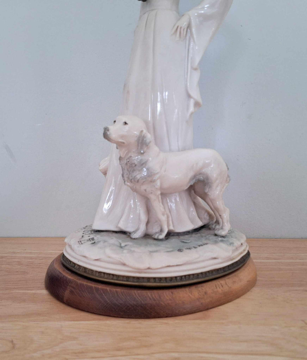 Vintage B. Merli Lady Figurine with Dog  Capodimonte Style Resin & Porcelain Mix  Signed, Elegant 18th Century Style  13" Tall
