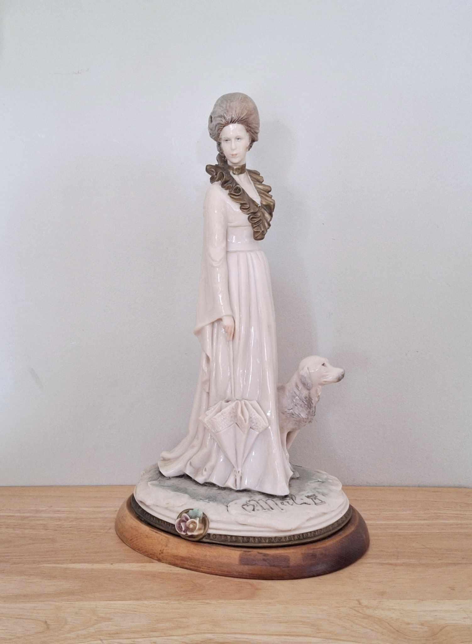 Vintage B. Merli Lady Figurine with Dog  Capodimonte Style Resin & Porcelain Mix  Signed, Elegant 18th Century Style  13" Tall